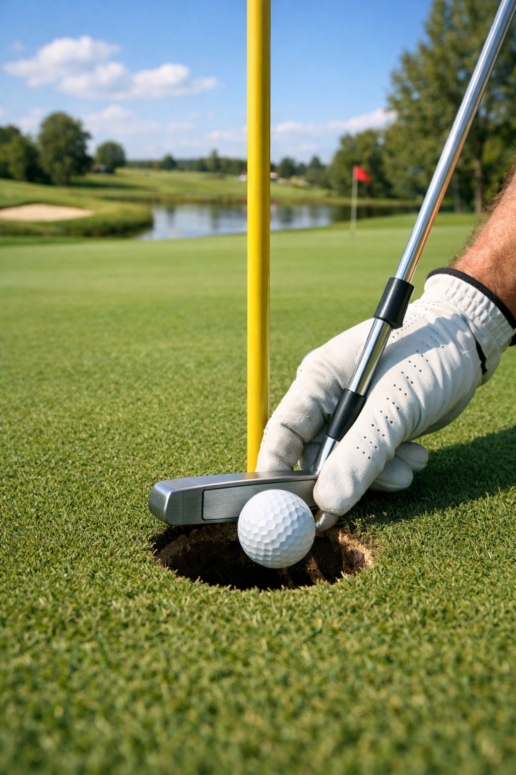 A golfer with a glove puts a golf ball into a hole on a manicured green with a yellow flagstick.