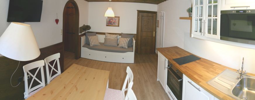 Cozy apartment with kitchen, dining table and sofa.