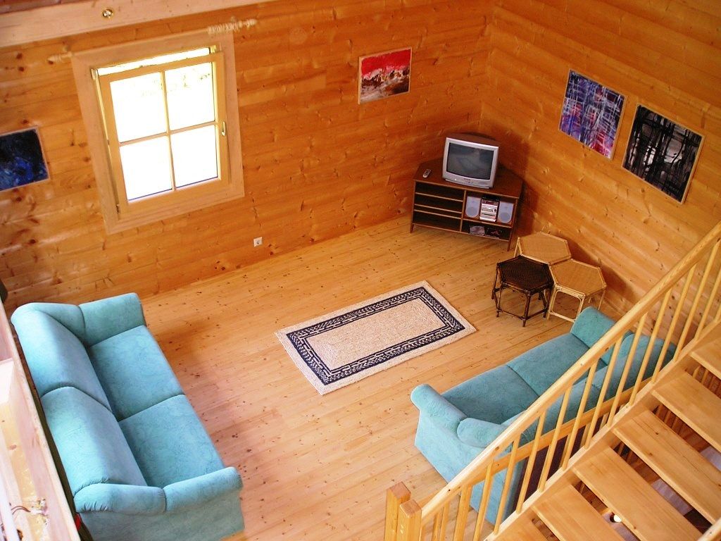 Wood-paneled living room with two green sofas, a small TV and a carpet on a wooden floor.