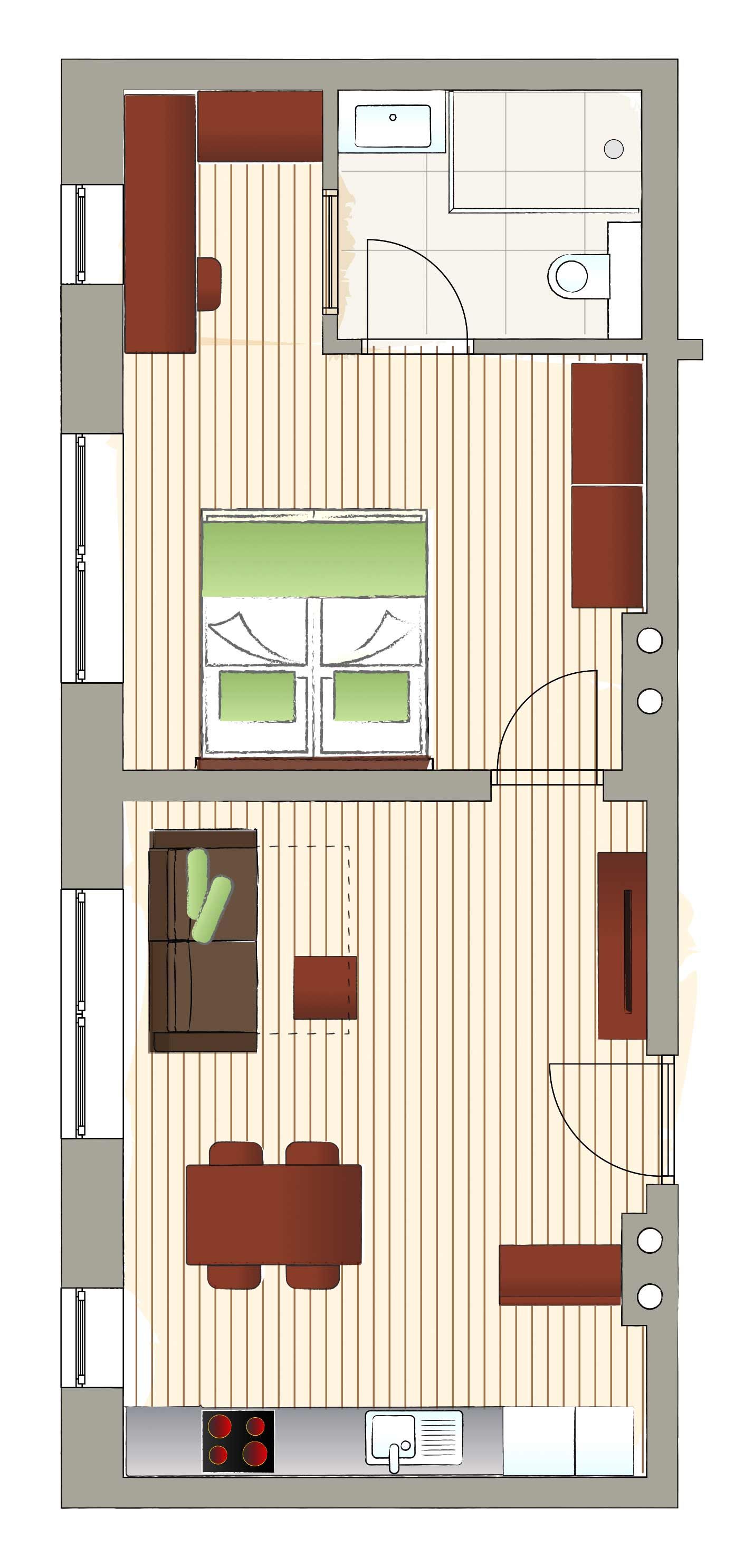 Floor plan of an apartment with kitchen, living room and bathroom.