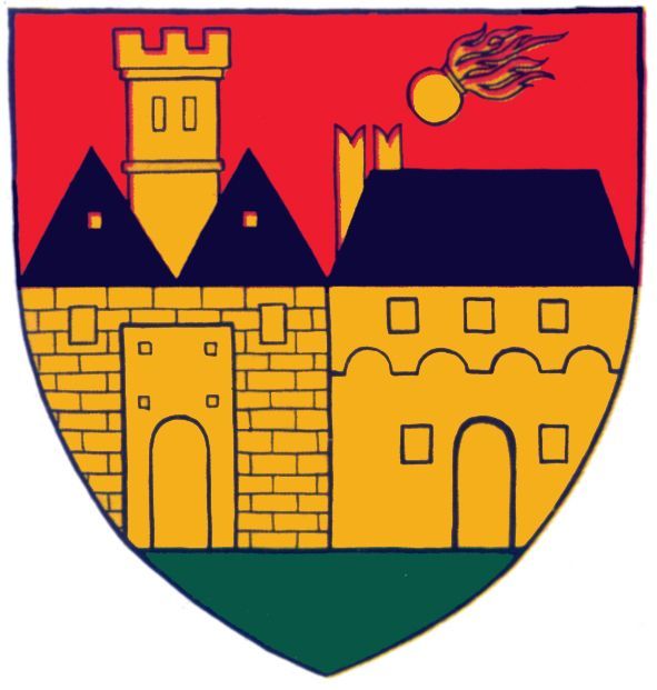Coat of arms of Allentsteig with castle, tower and comet on a red background.