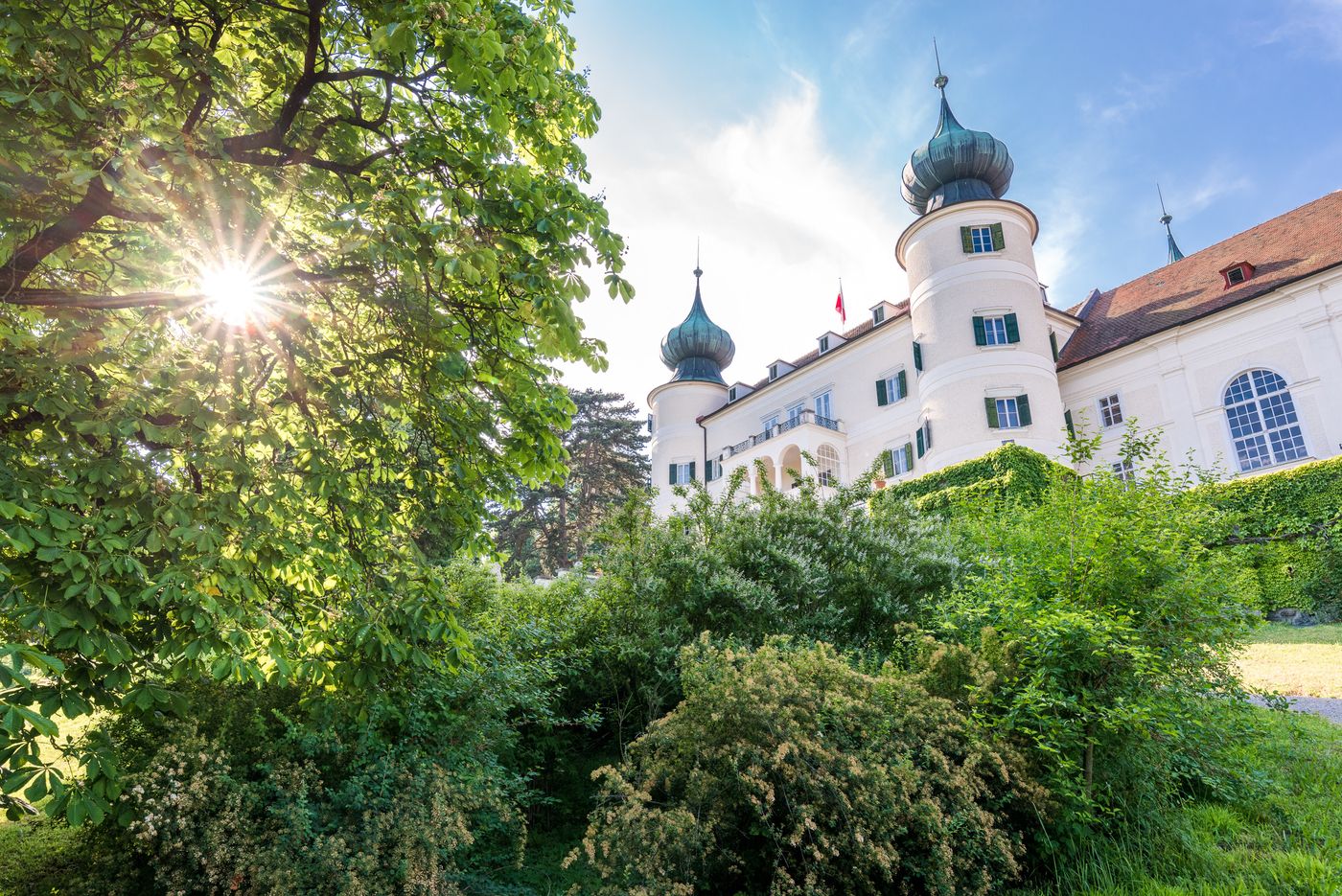 Artstetten Castle with green vegetation in the foreground and rays of sunshine through the trees.