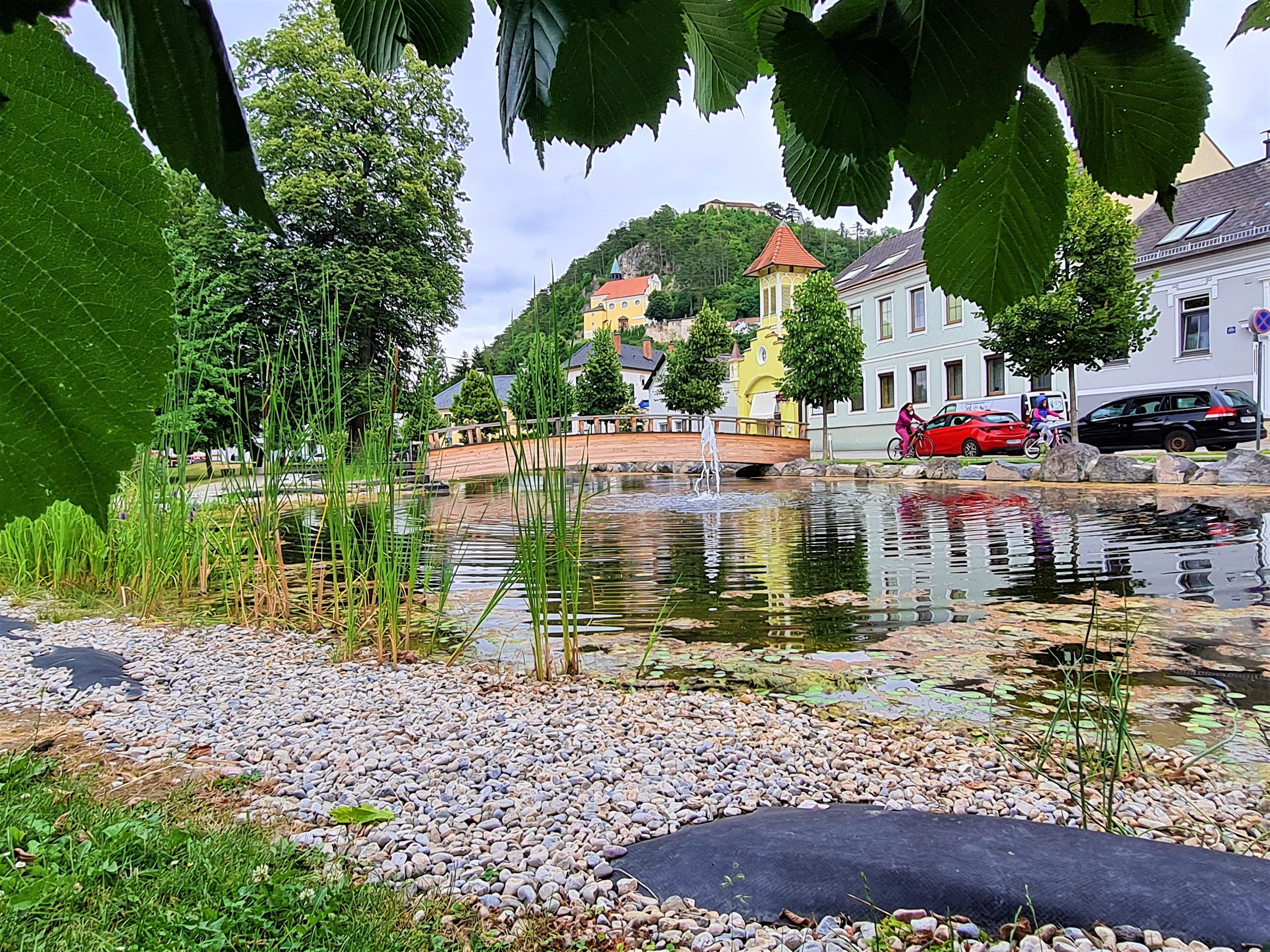 A pond with pebbles and reeds, a bridge and colorful buildings in the background.