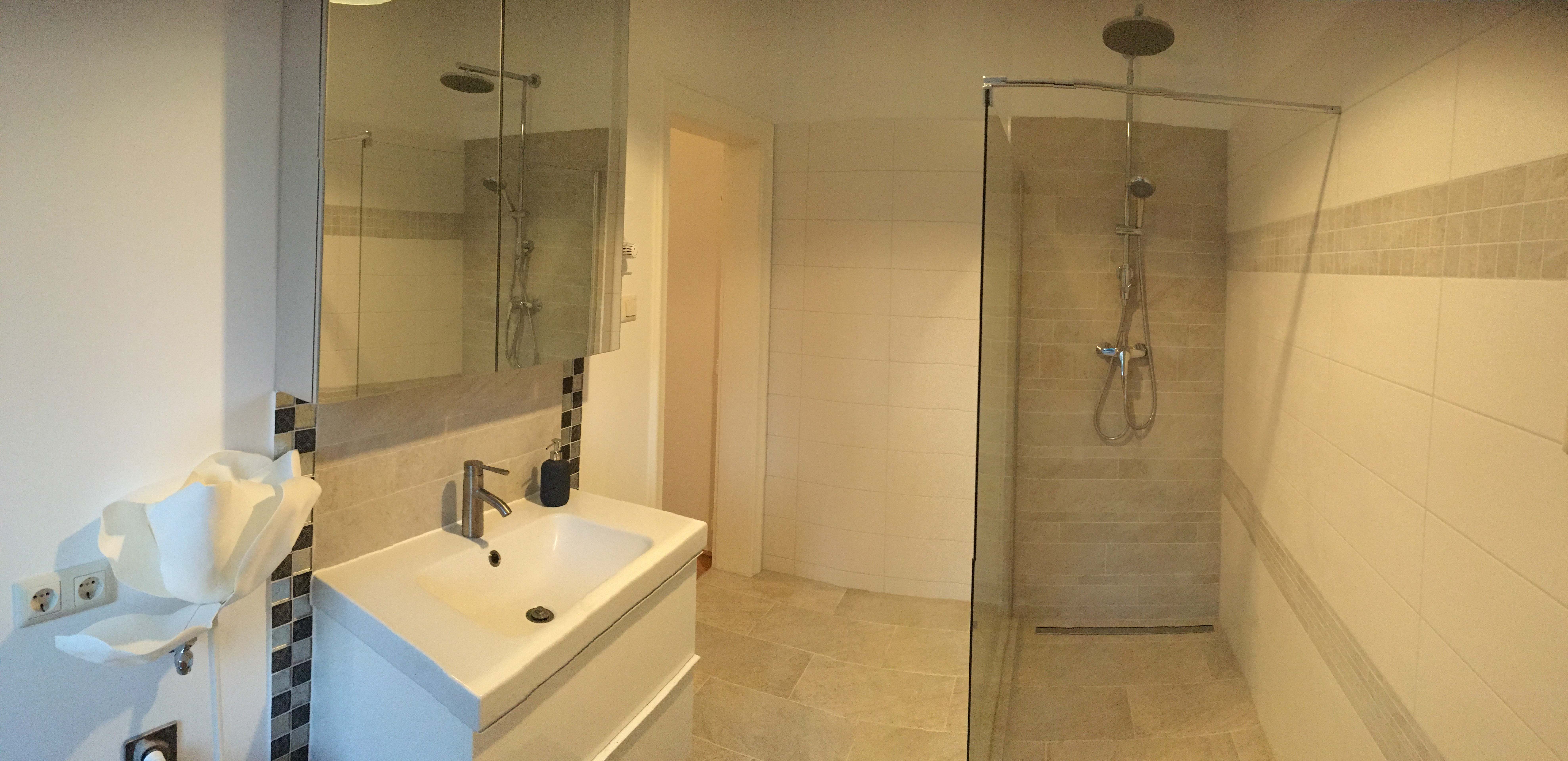 Modern bathroom with shower, washbasin and mirror.