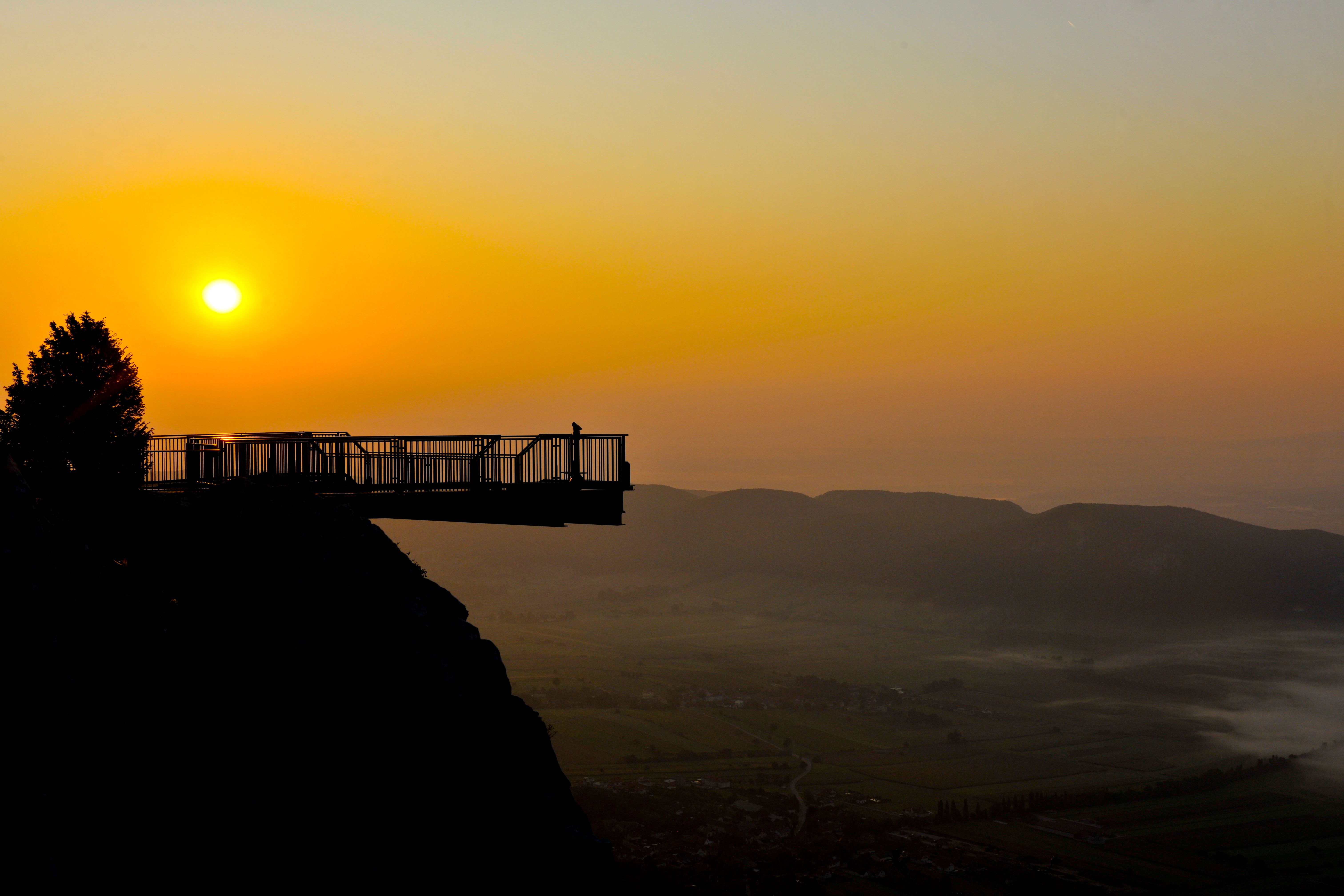 Viewing platform in the Hohe Wand Nature Park at sunset.
