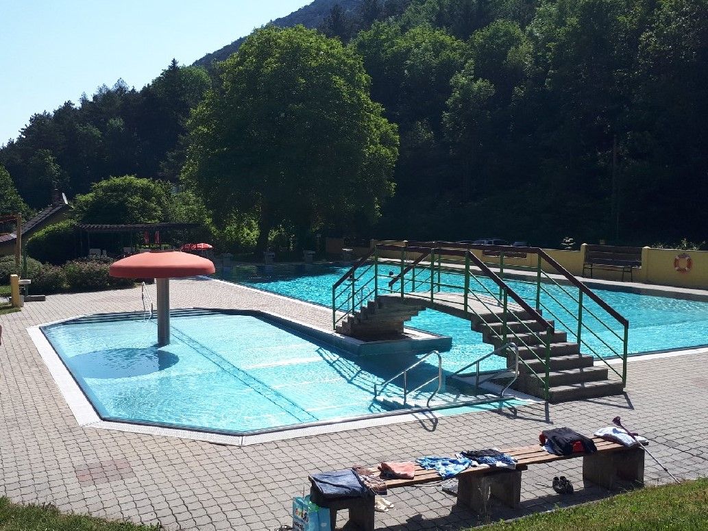 An outdoor pool with a small pool, a bridge and a mushroom water feature. Surrounded by trees and a sunny sky.