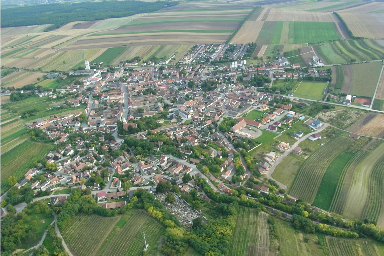 Aerial view of a village with surrounding fields and forests.