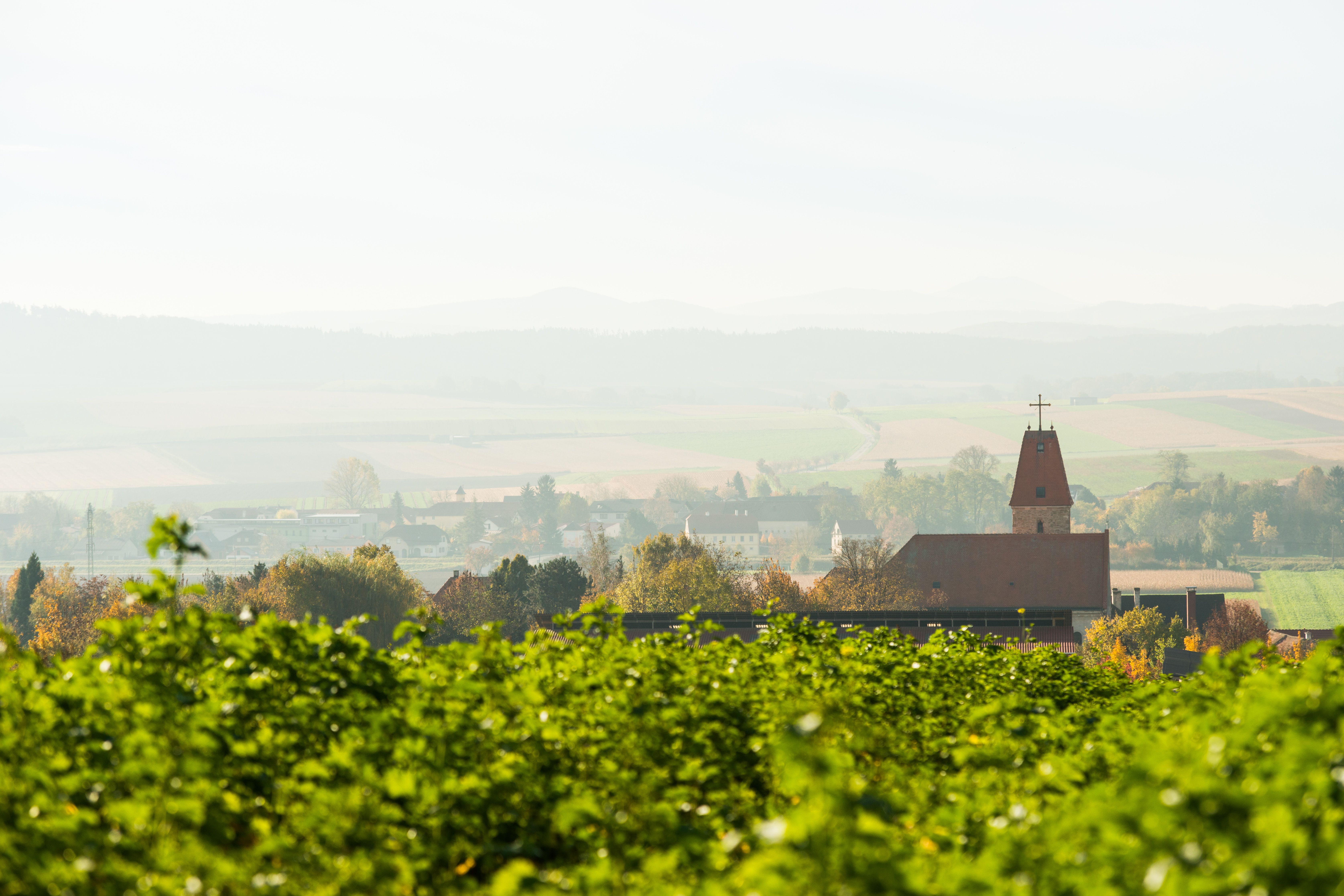 Landscape with church and fields in Perschling.