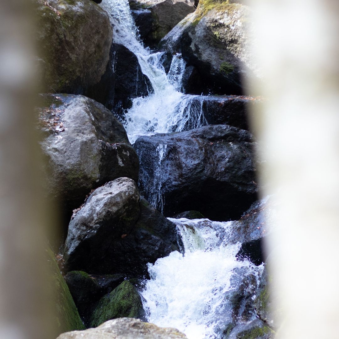 A waterfall flows over large rocks in the Ysperklamm gorge.