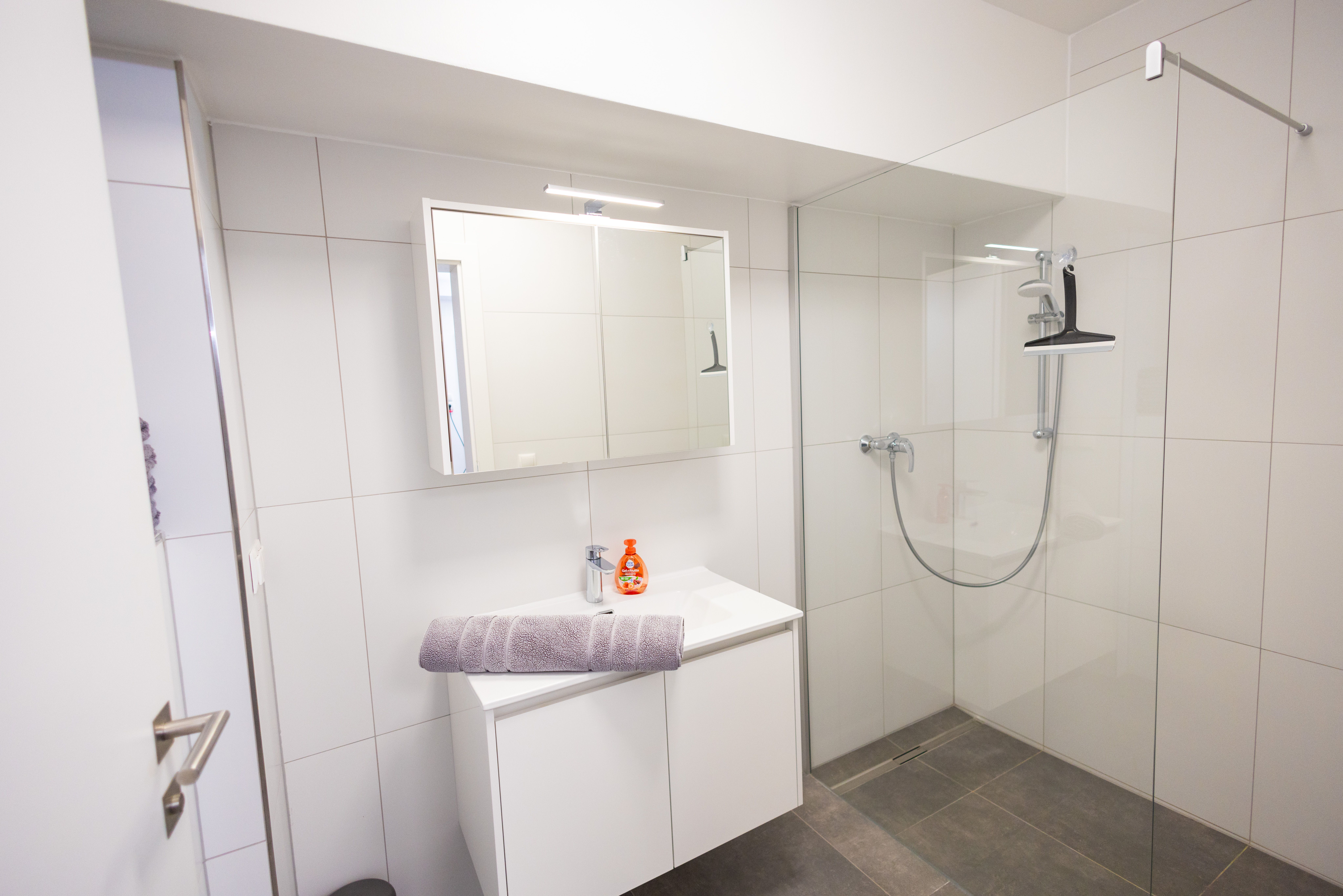 Modern bathroom with shower, washbasin and mirror.