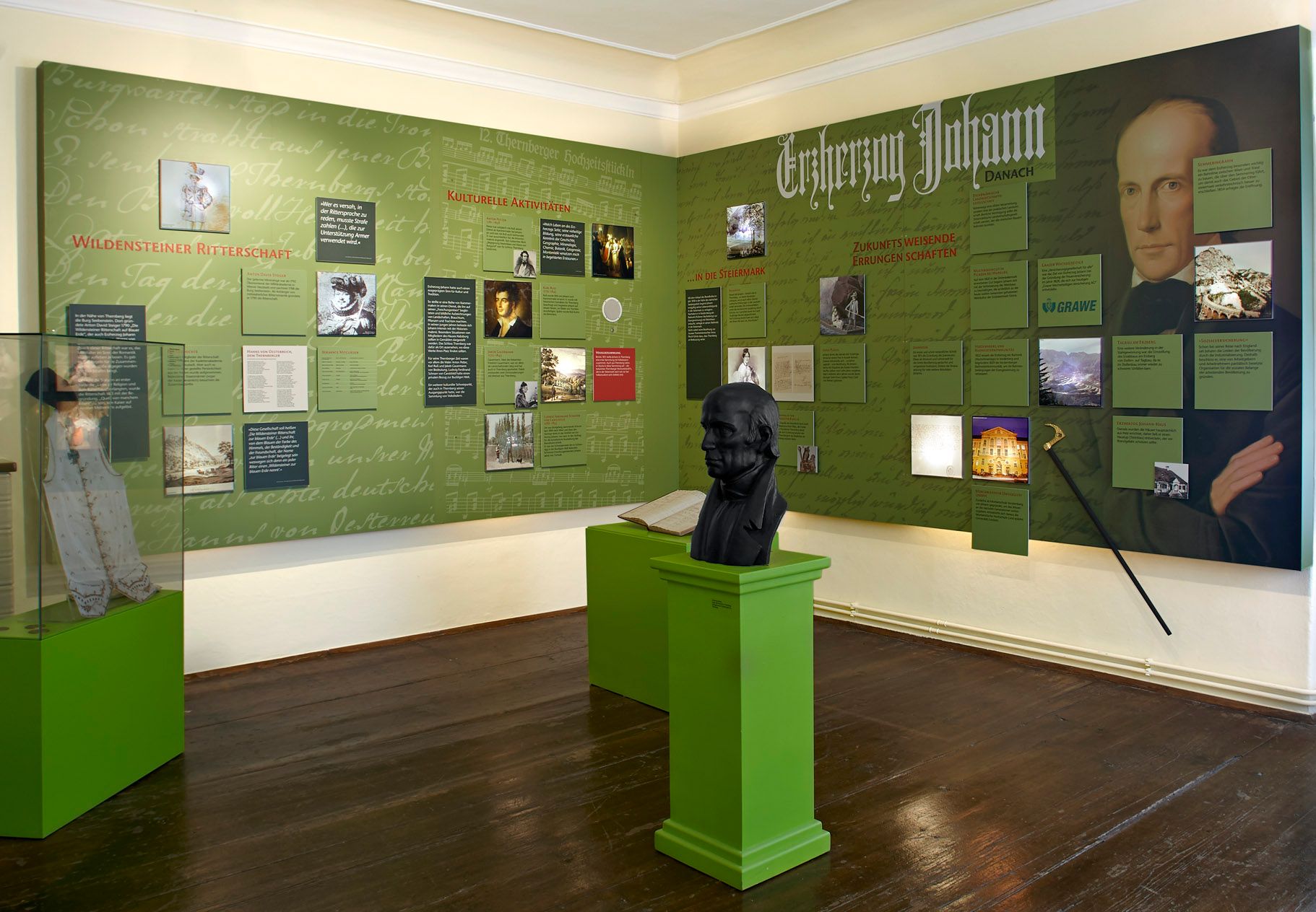 Exhibition room about Archduke Johann with information boards and bust.