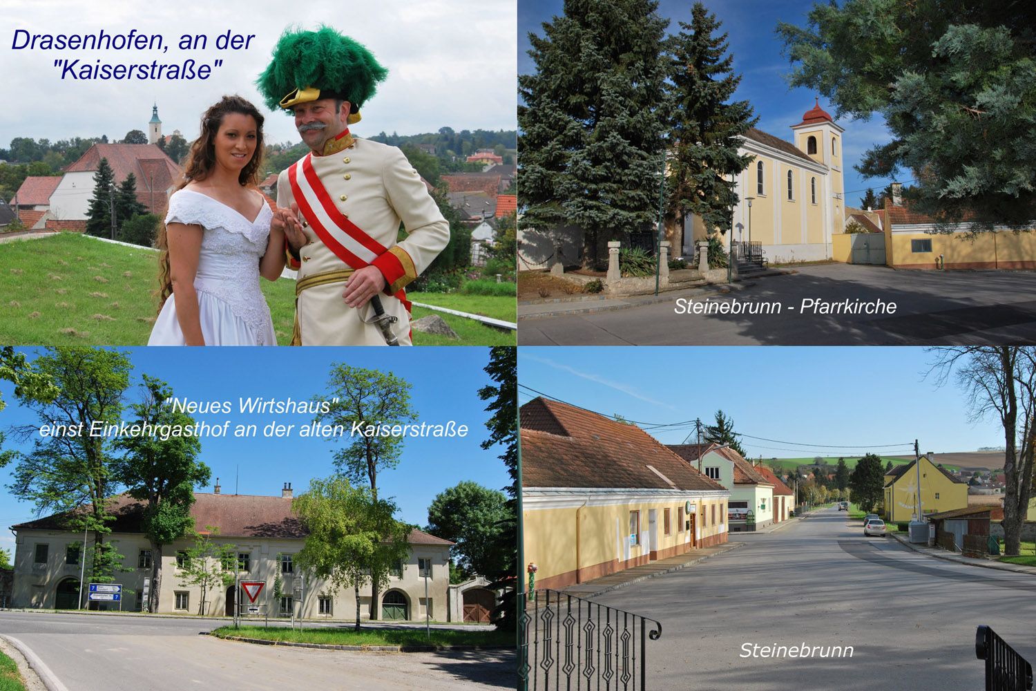 Collage of Drasenhofen with people in historical costumes, a church in Steinebrunn and an old inn.