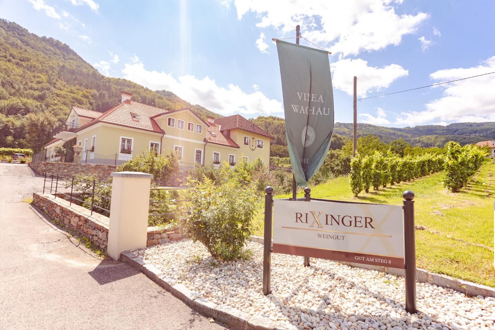 Rixinger winery with building and vines in the background.