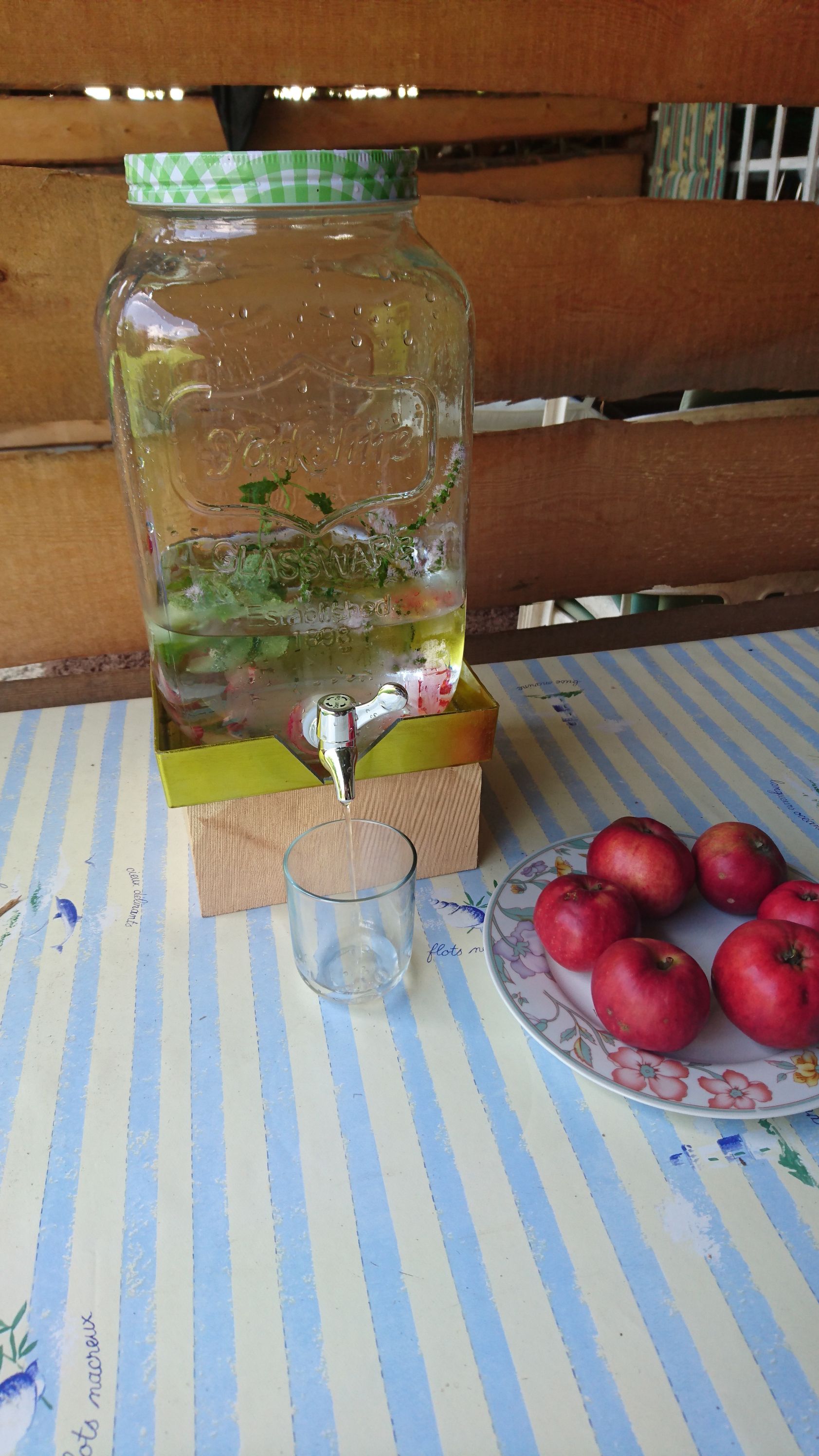 A glass container with water and herbs, next to it a glass and a plate with red apples on a striped table.