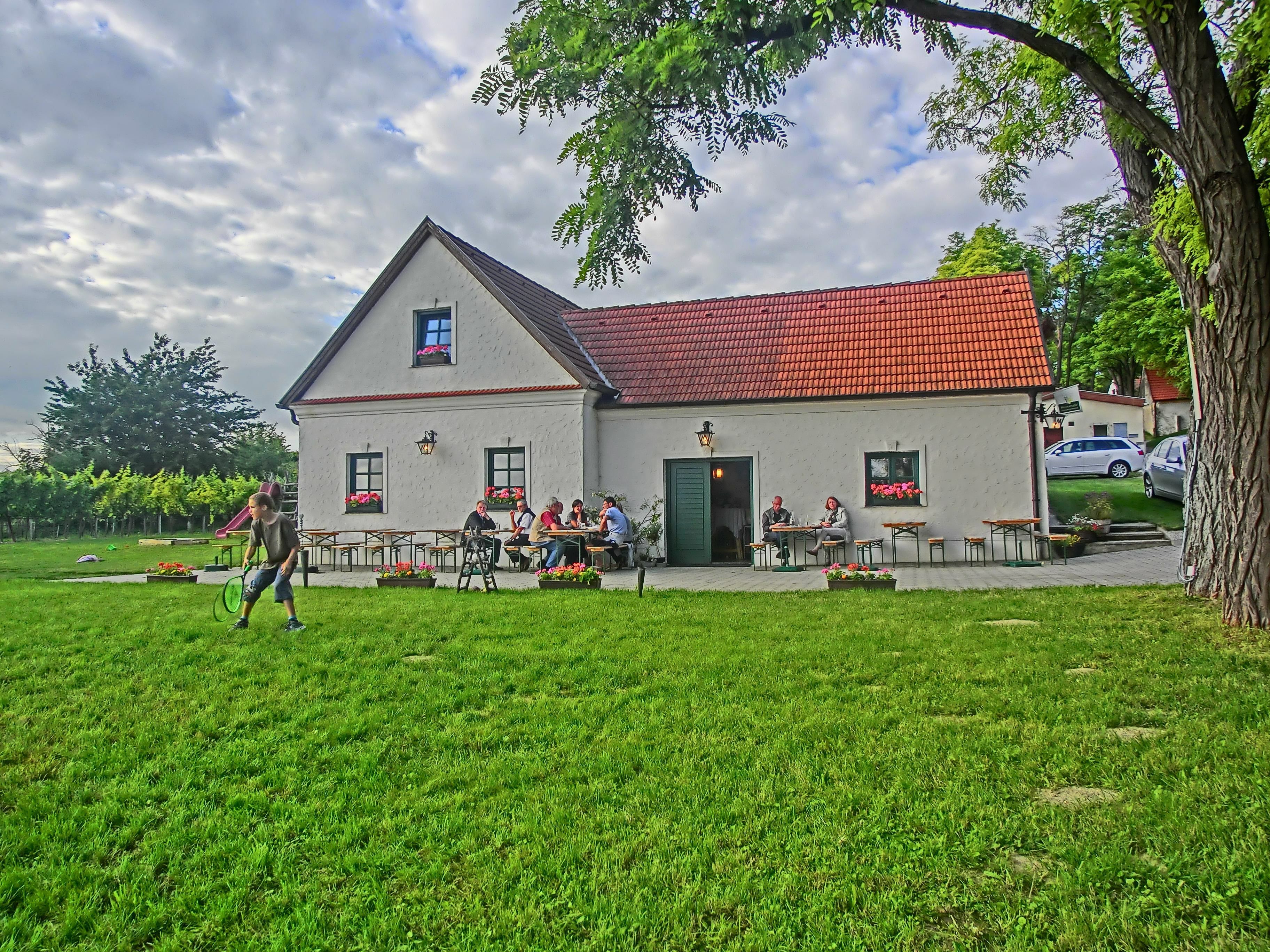 A traditional building with a red roof, surrounded by a green meadow and trees, people sitting at tables outside.