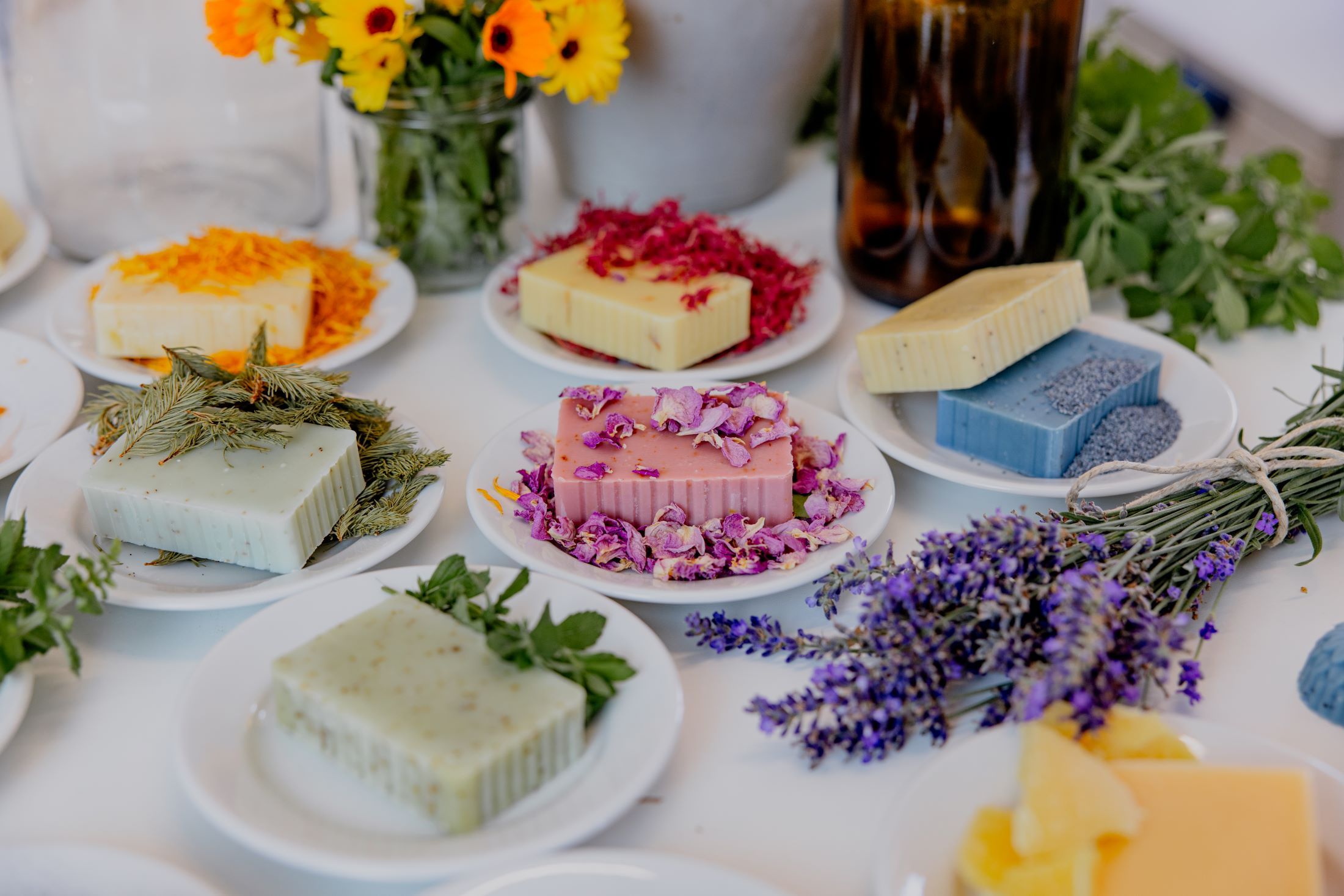 Various handmade soaps on plates, decorated with flowers and herbs.