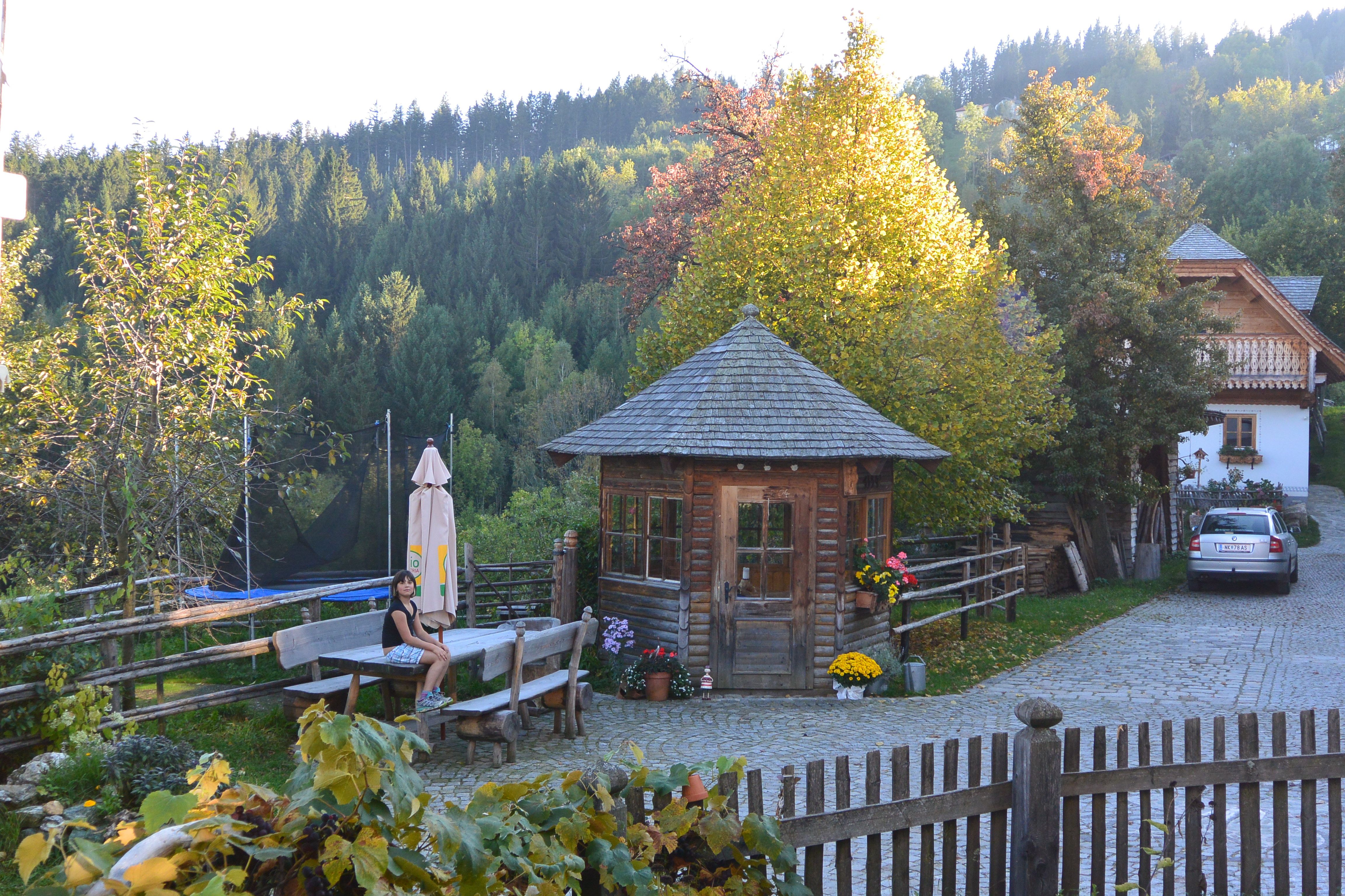 Rural yard with wooden hut, wooden bench, wooden fence and gray car, in the background a forest.