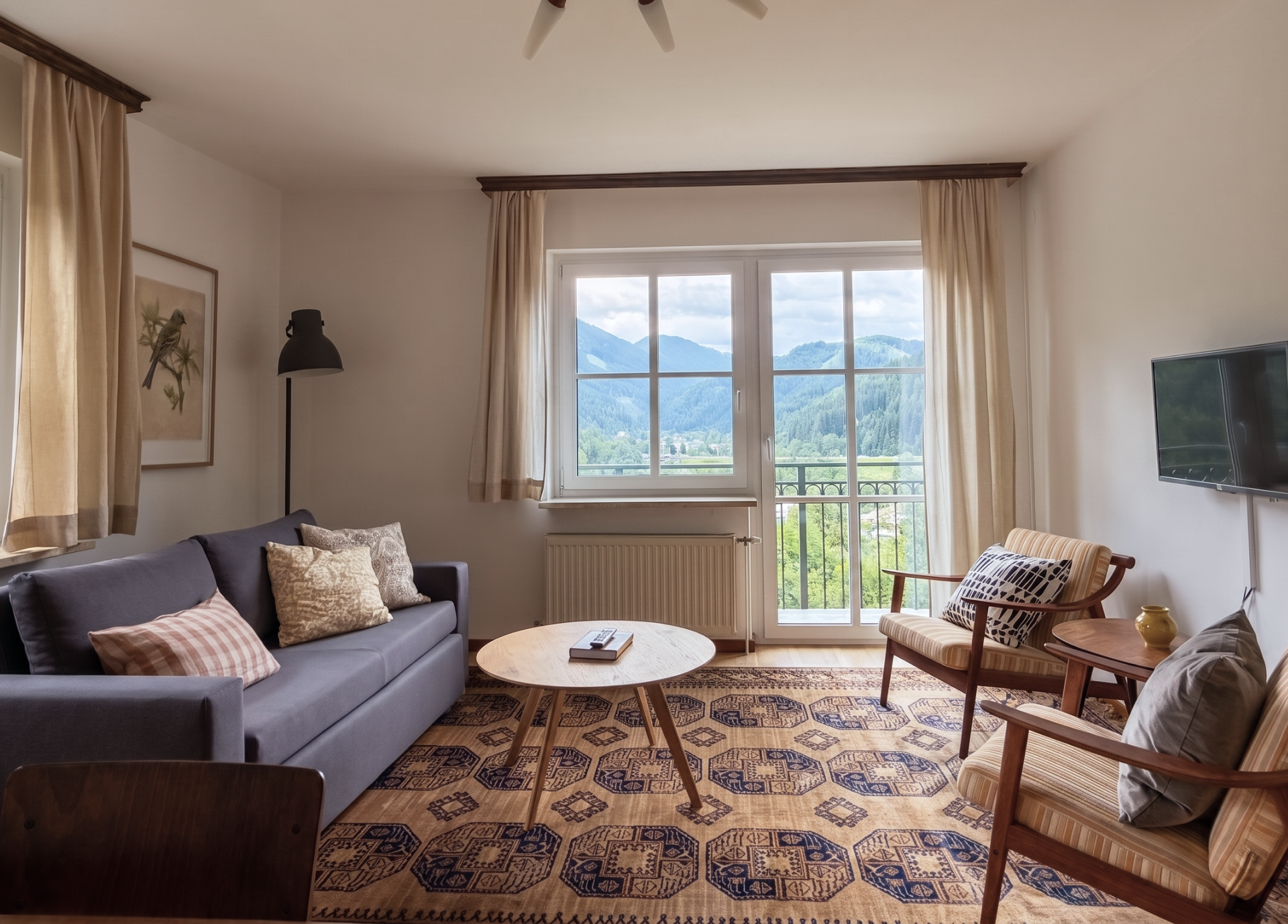Cozy living room with a sofa, armchairs, and a large window offering a view of the mountains.