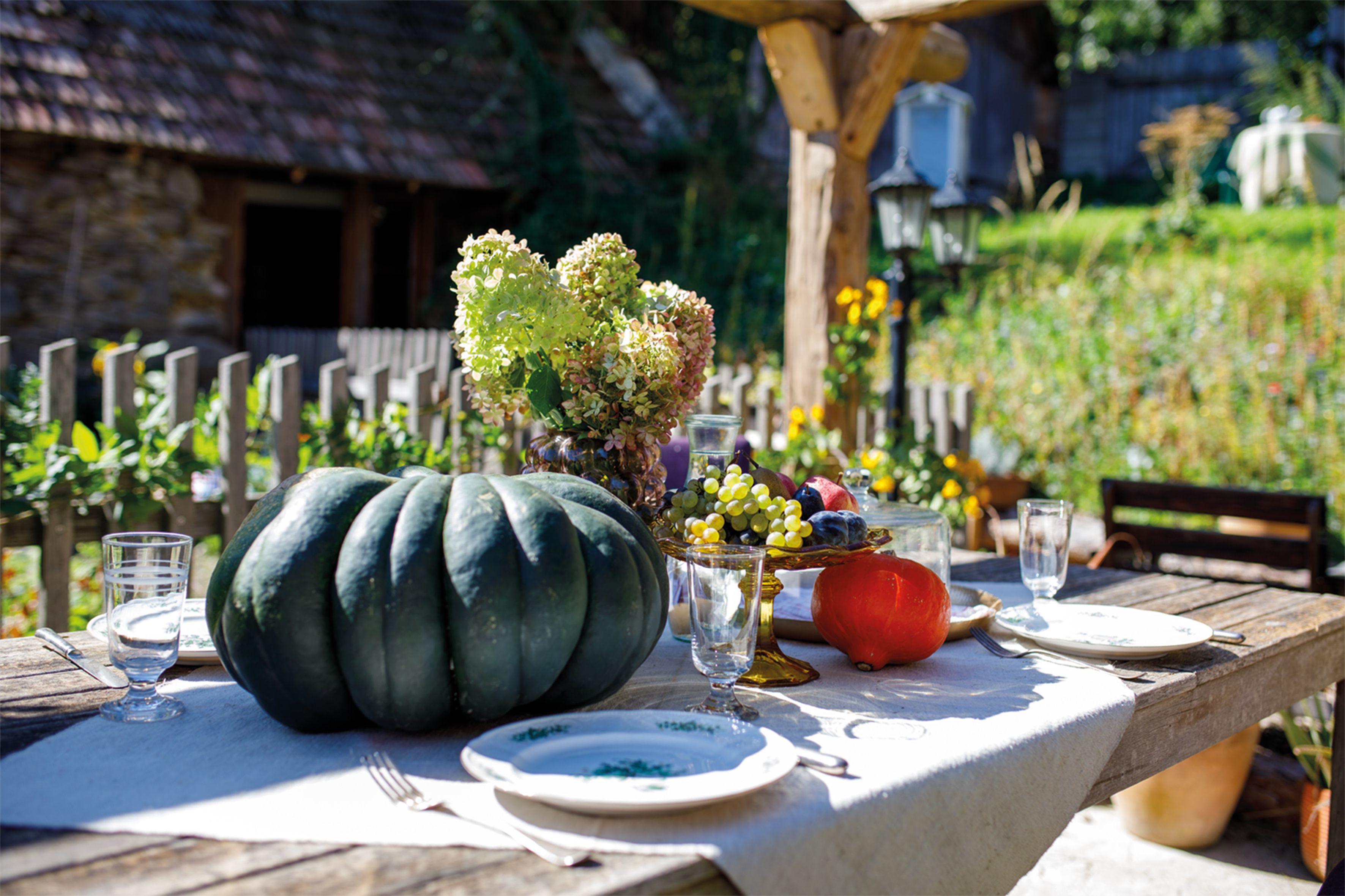A rustic wooden outdoor table set with a large pumpkin, grapes, flowers, and tableware.