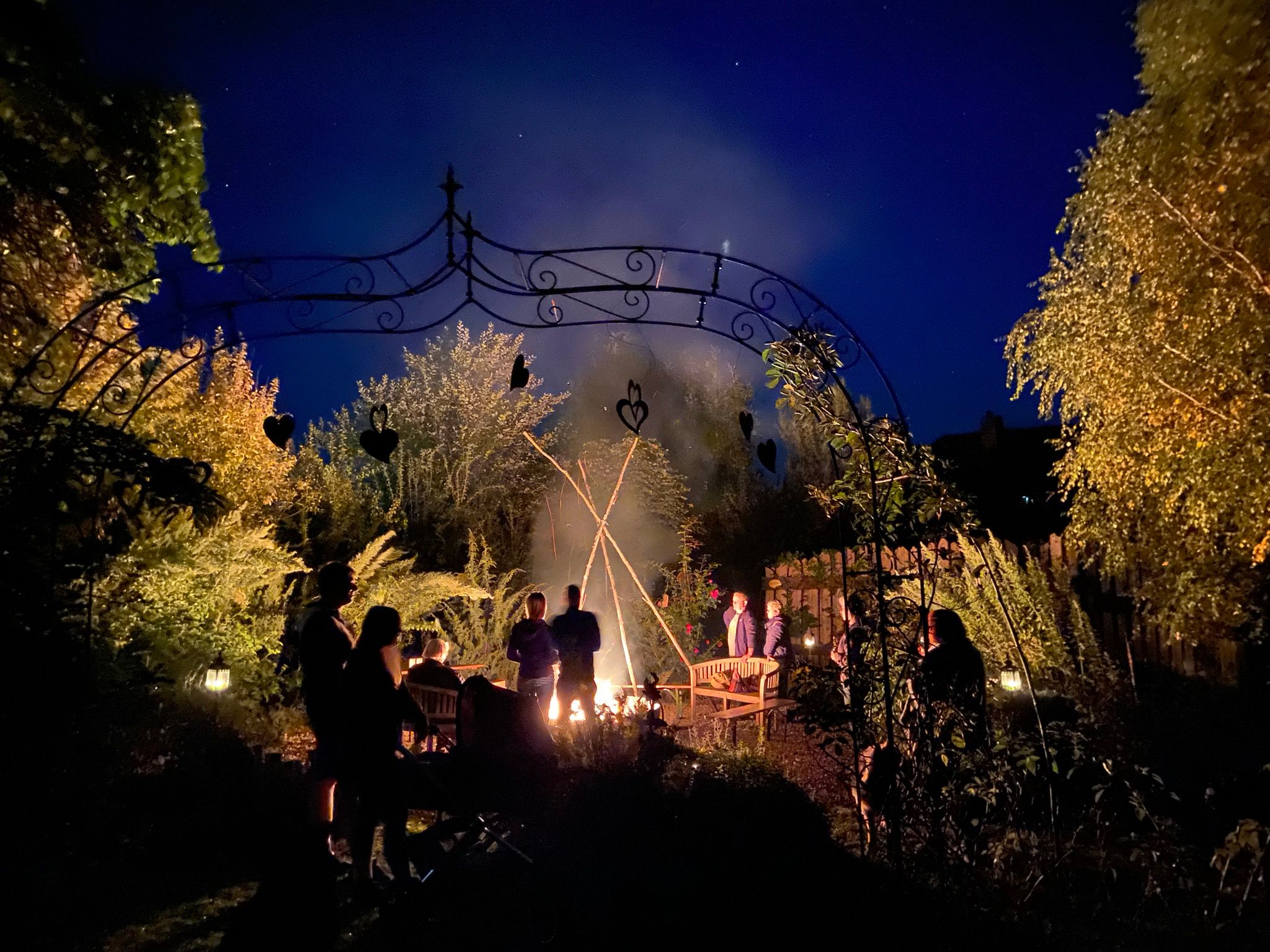 People gather around a campfire in the garden at night.