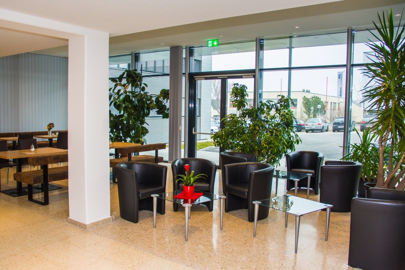 Interior view of a modern café with black leather armchairs and glass tables, surrounded by large plants and windows.