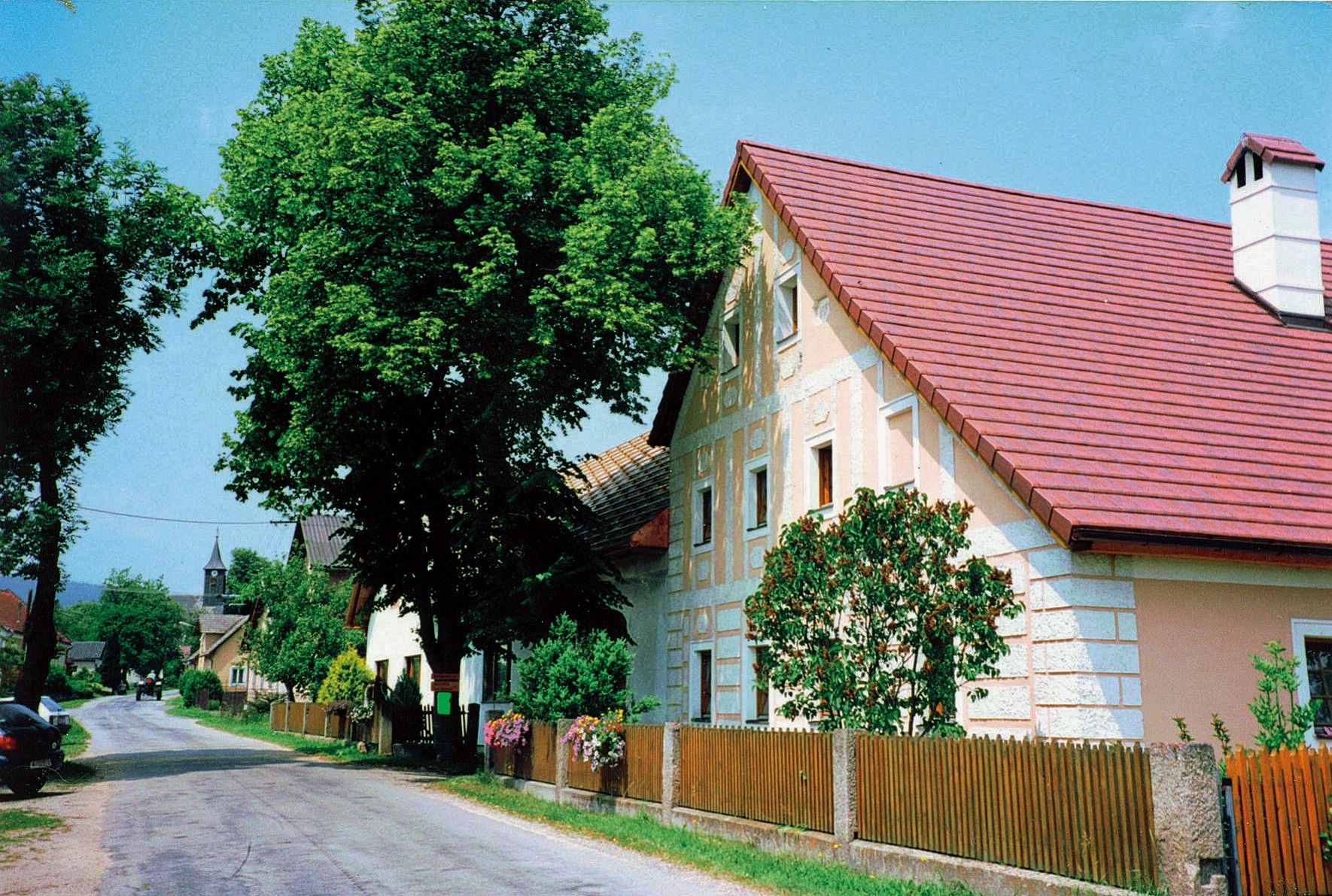 Street with traditional houses and trees in a rural setting.