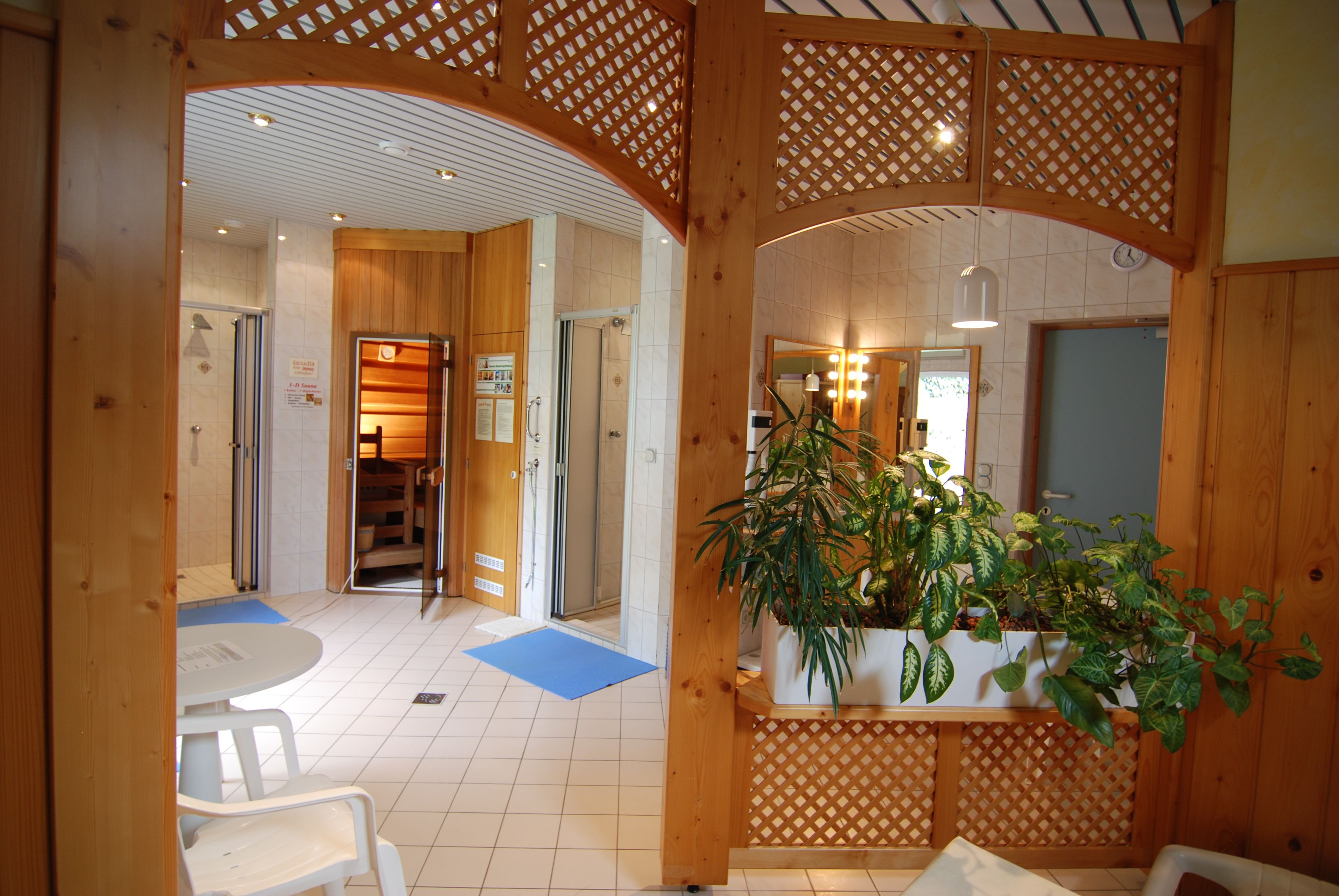 Interior view of a wellness area with sauna, plants and seating area.