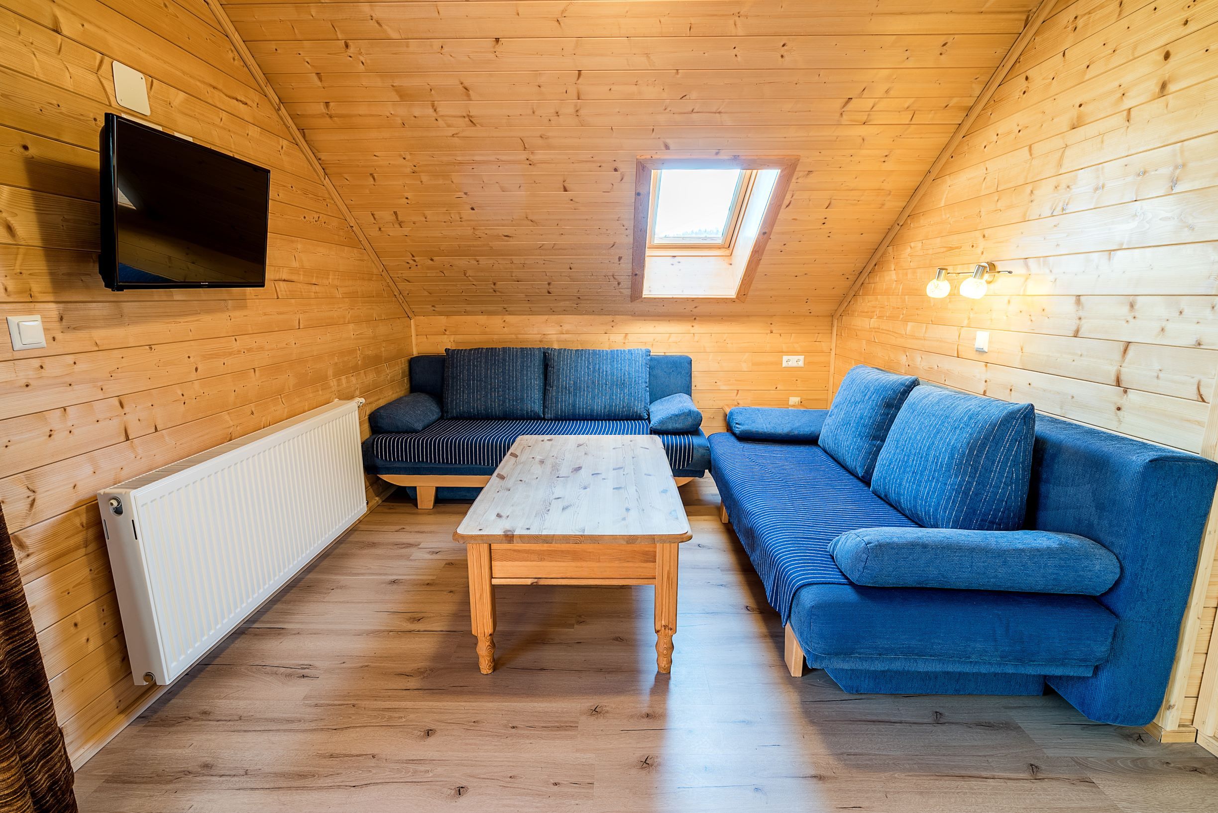 Living room with wooden walls, blue sofas, wooden table and skylight.