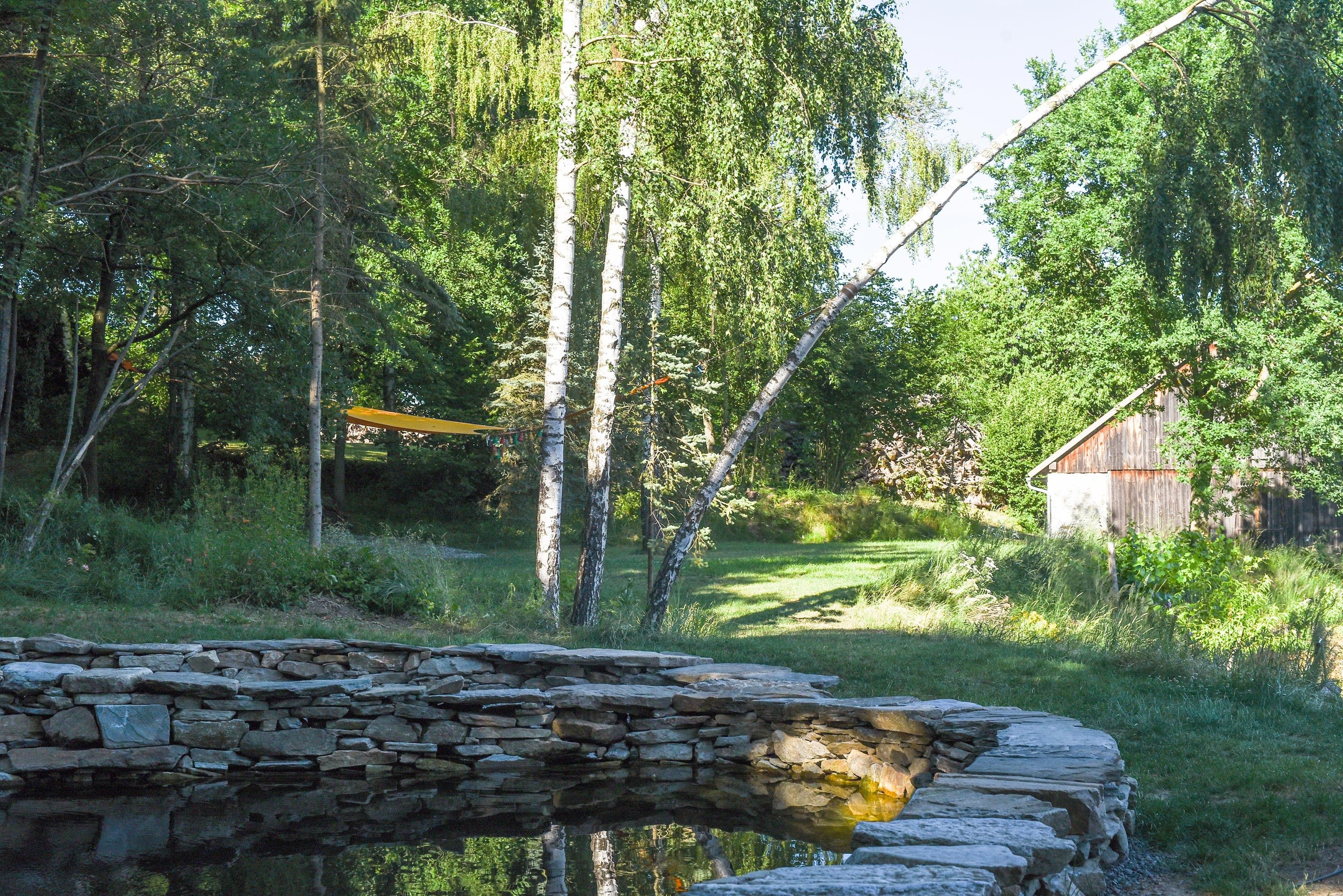 A garden with a small pond made of natural stones, surrounded by trees and a wooden shed in the background.