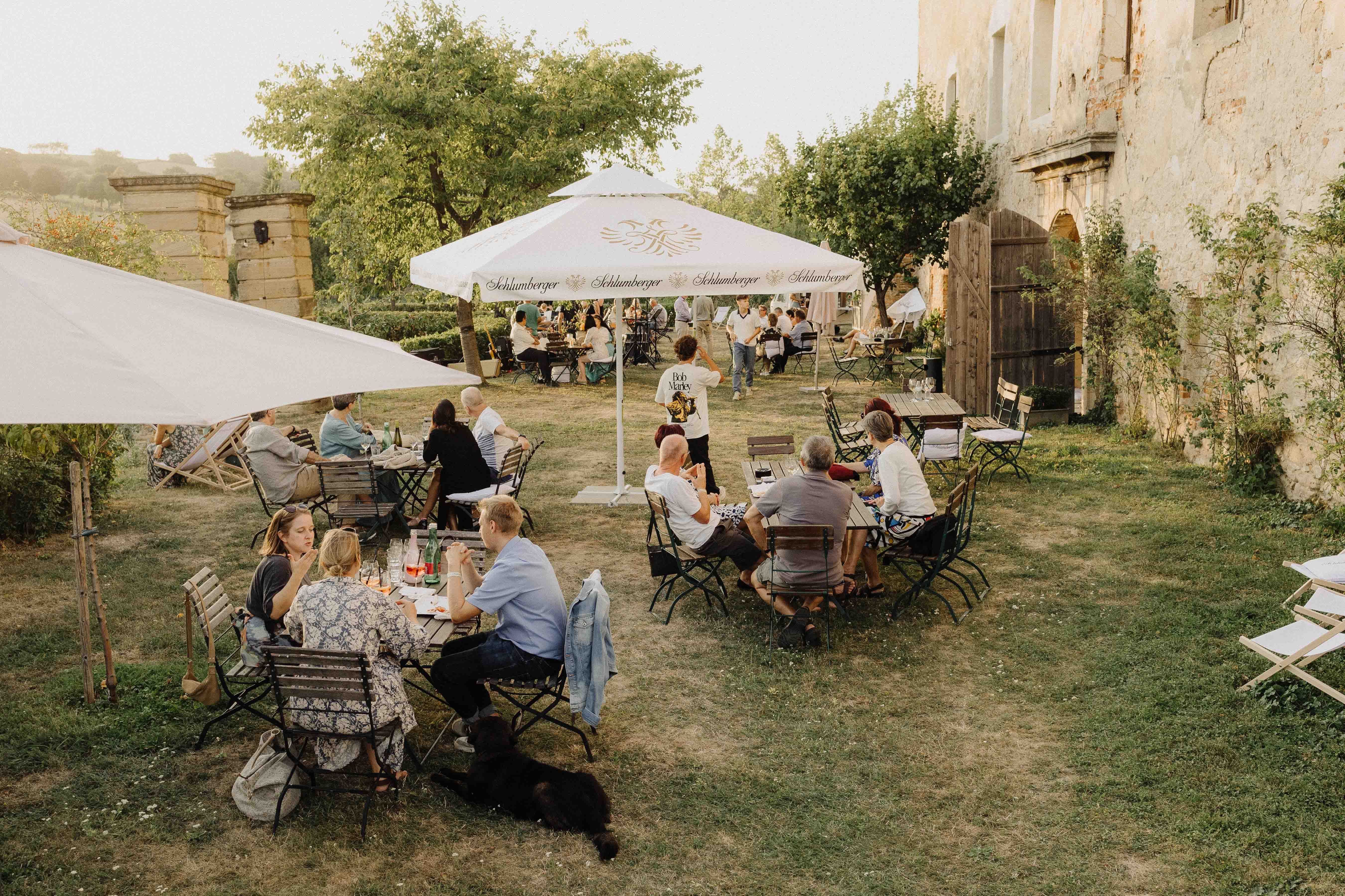 People sit at outdoor tables in a garden with parasols.