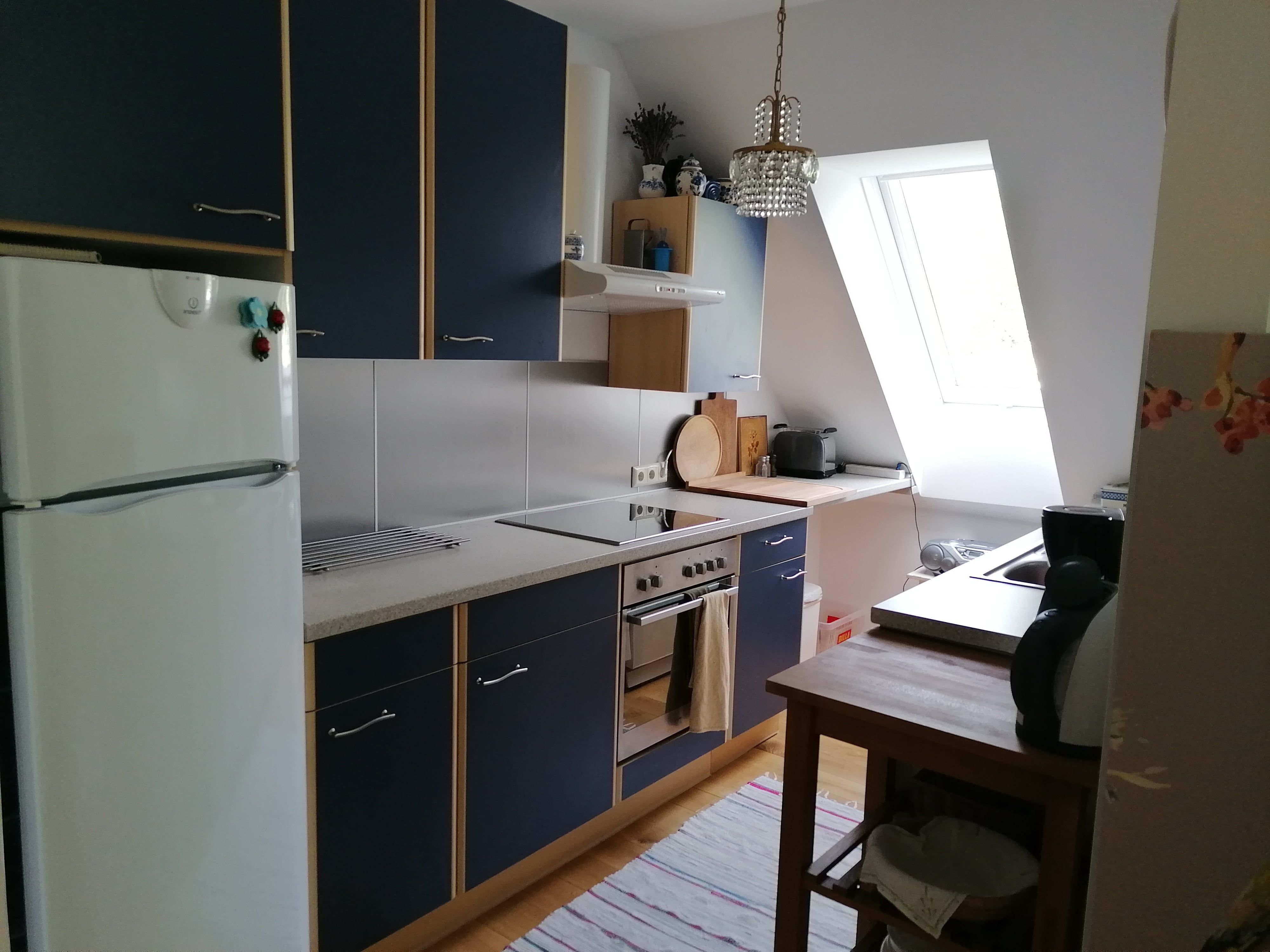 Modern kitchen with blue cupboards, stove, fridge and skylight.