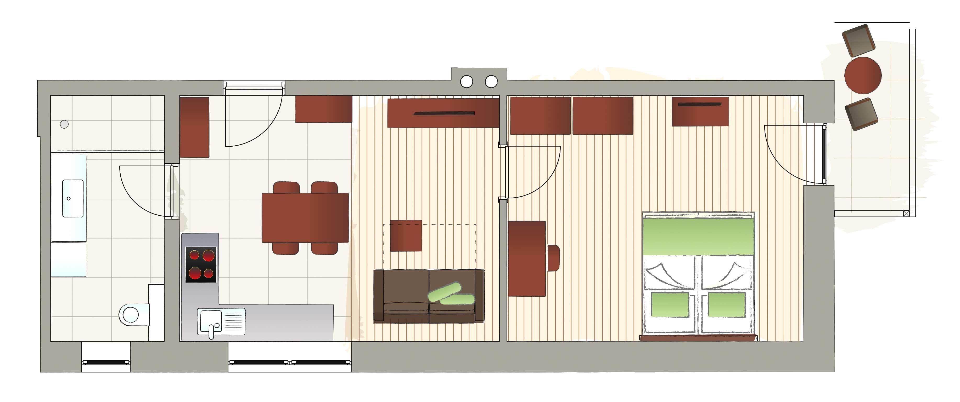 Floor plan of an apartment with kitchen, living room, bathroom and balcony.