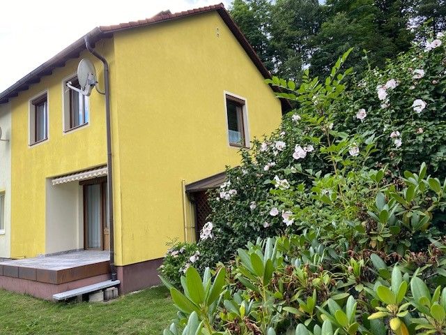 Yellow house with terrace and flowering shrubs in the foreground.