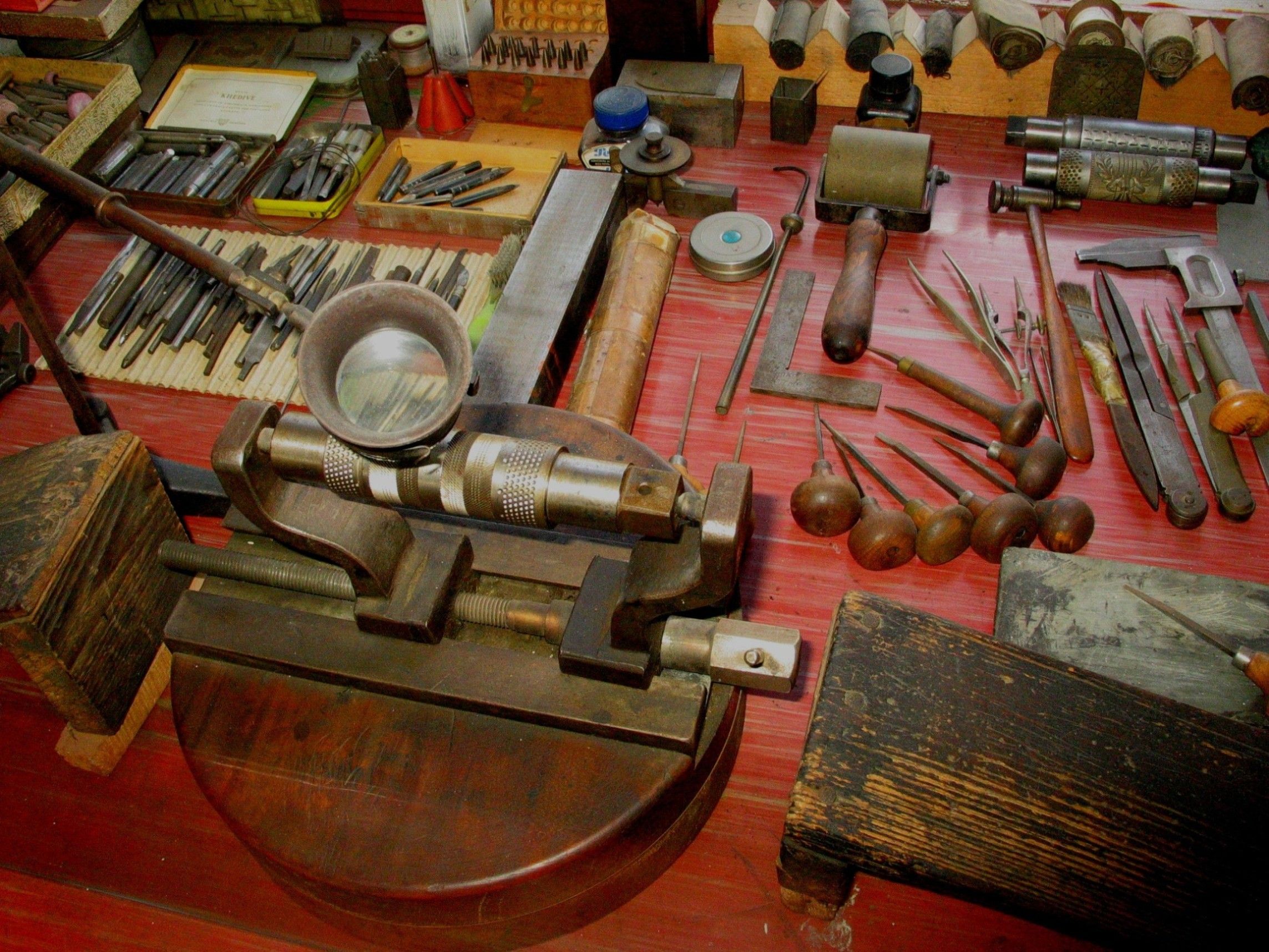 Tools on a table in a roller engraving shop.