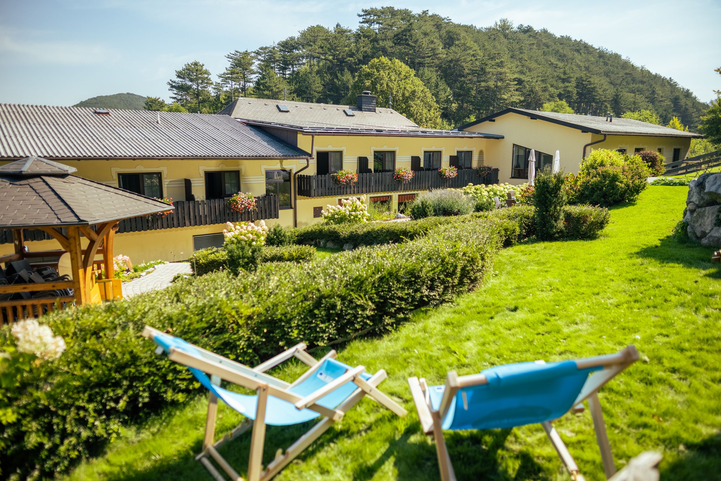 Two blue deckchairs on a green lawn in front of a yellow building with flowers on the balconies.