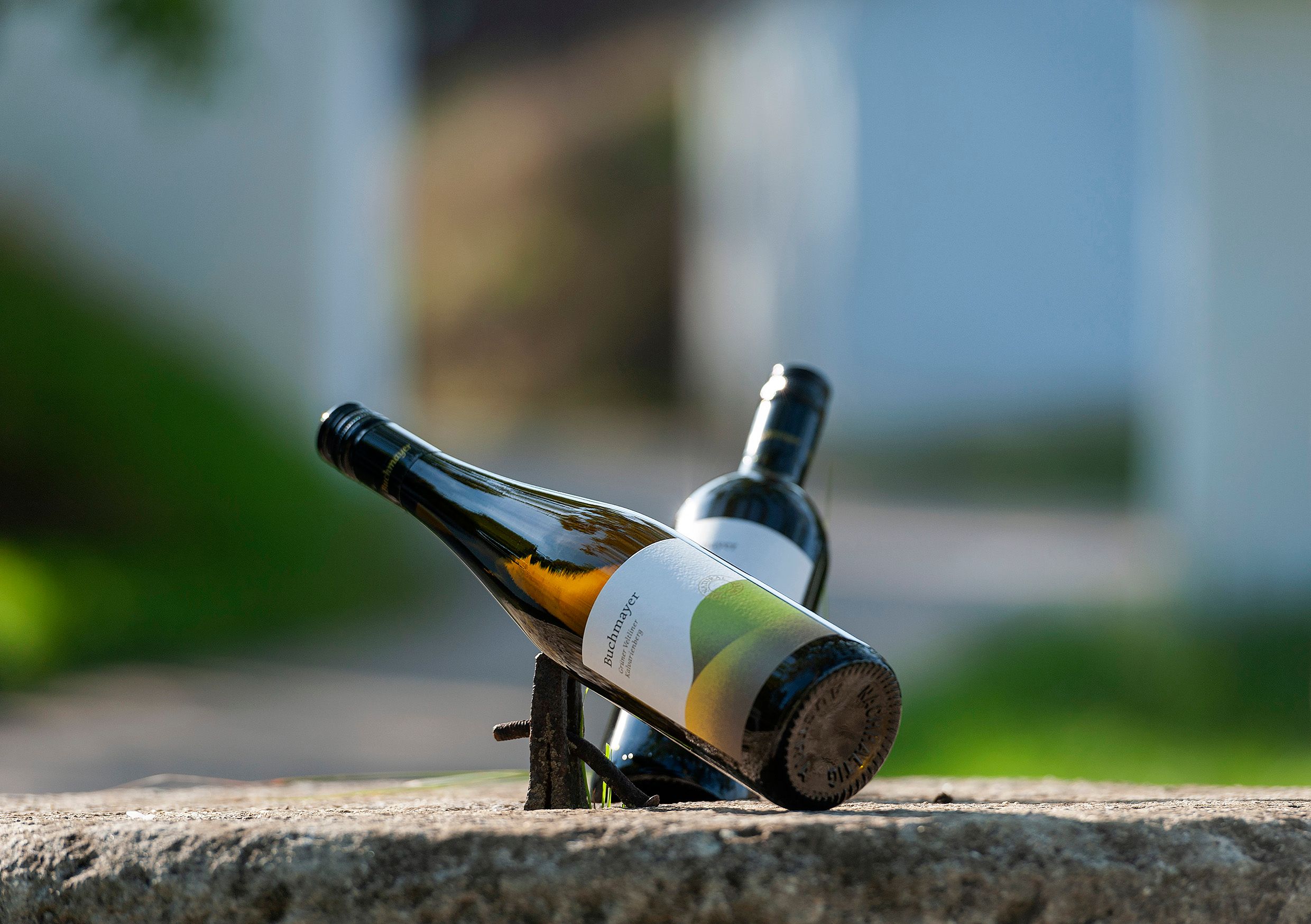 Two wine bottles on a stone, one lying at an angle, the other in the background.
