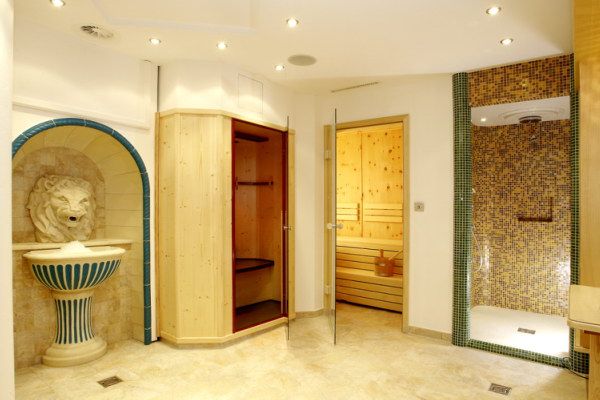 Interior view of a wellness area with sauna, shower and lion's head fountain.