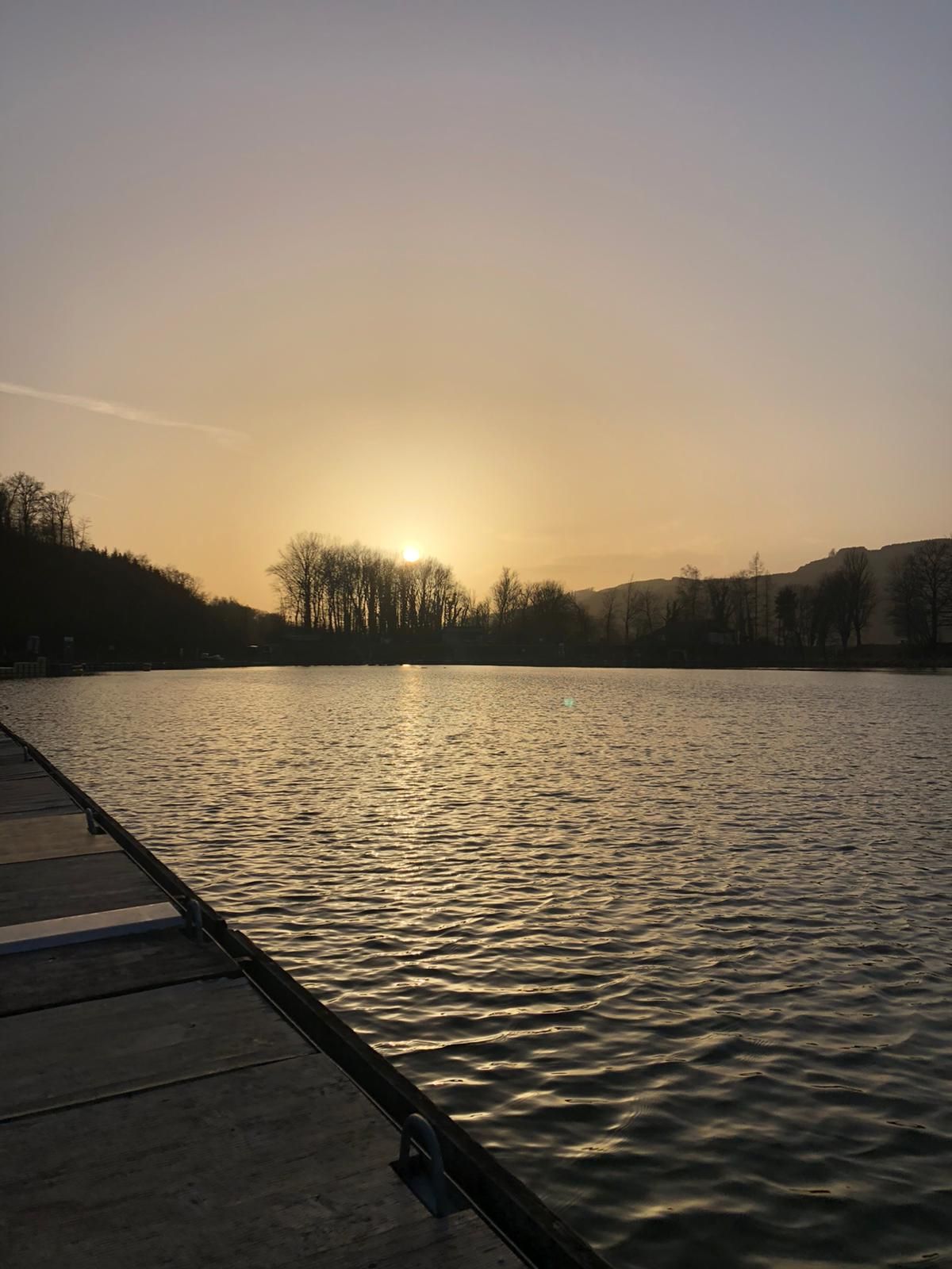 Sunset over a harbor with a jetty and trees in the background.