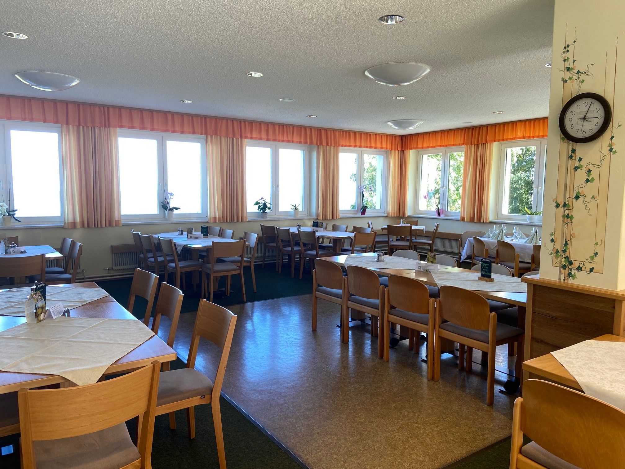 A bright dining room with wooden furniture, tables and chairs, decorated with plants and a wall clock.