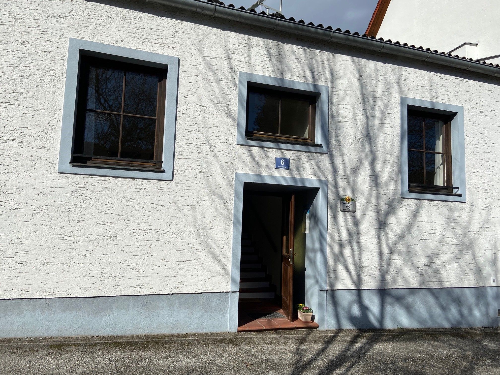 Entrance to a white building with blue window frames and door frames.