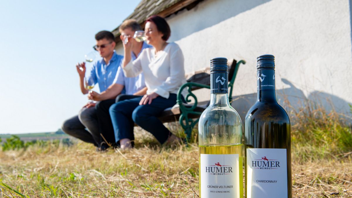 Two bottles of wine from Weingut Humer in the foreground, in the background three people on a bench drinking wine.