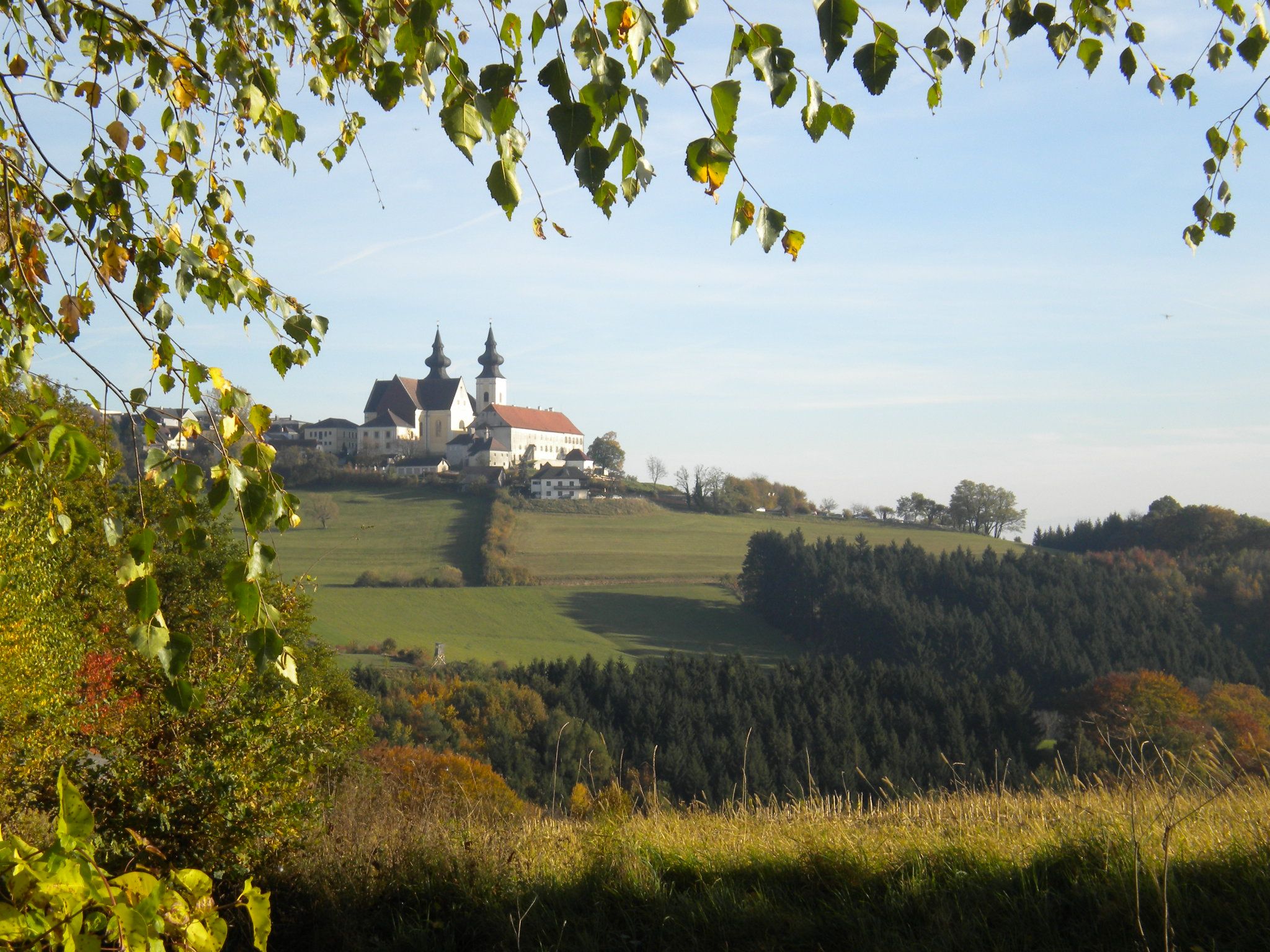 Landscape with Maria Taferl church on a hill, surrounded by trees and meadows.