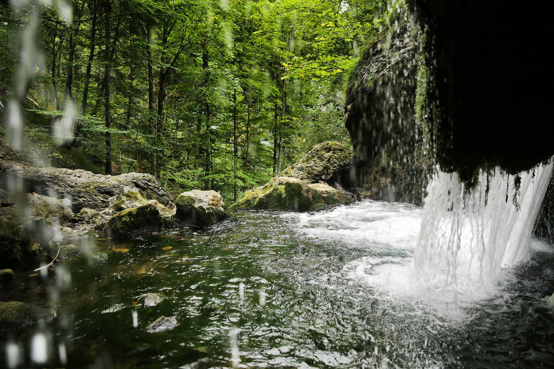 A hidden waterfall gurgles gently in an idyllic forest, surrounded by lush greenery and the soothing sound of nature. The clear, refreshing air invites hikers to enjoy the beauty of this untouched landscape and lose themselves in the peaceful atmosphere.