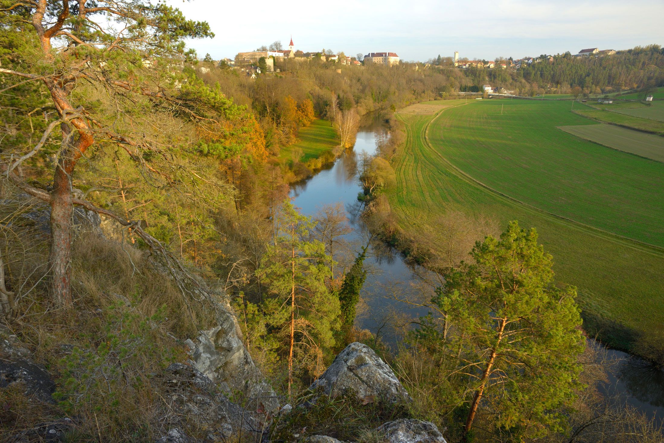 View of a river, surrounded by trees and fields, with a town in the background.