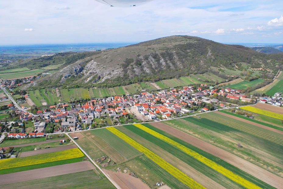 Aerial view of Hundsheim with fields and hills in the background.