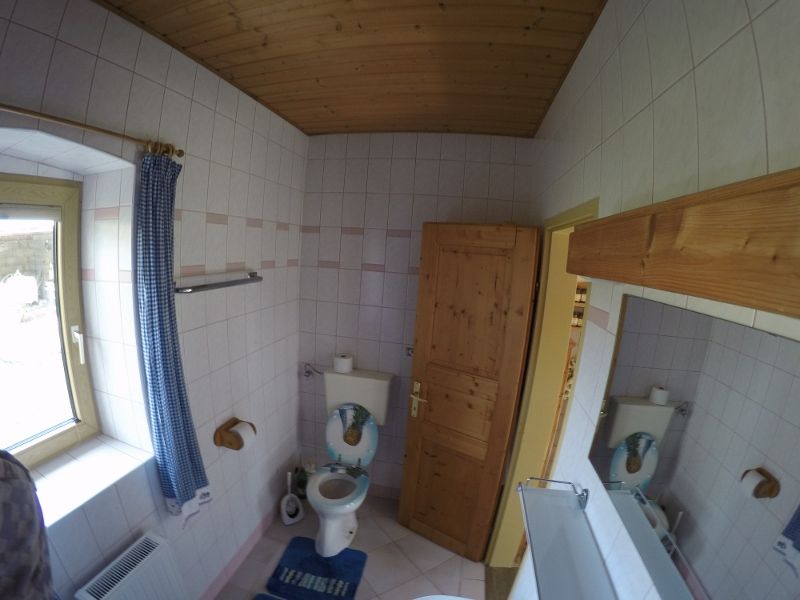 Bathroom with toilet, wooden ceiling and window with blue curtain.