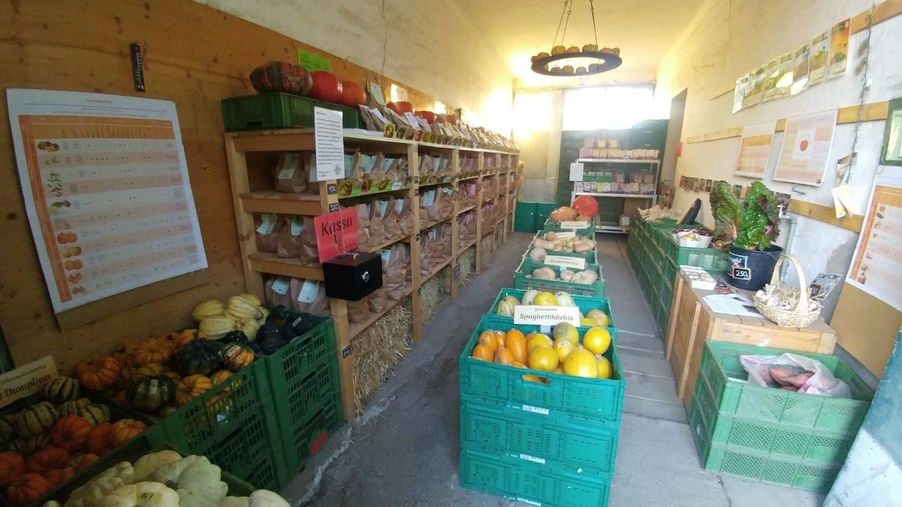 A small farm store with shelves full of vegetables and produce.