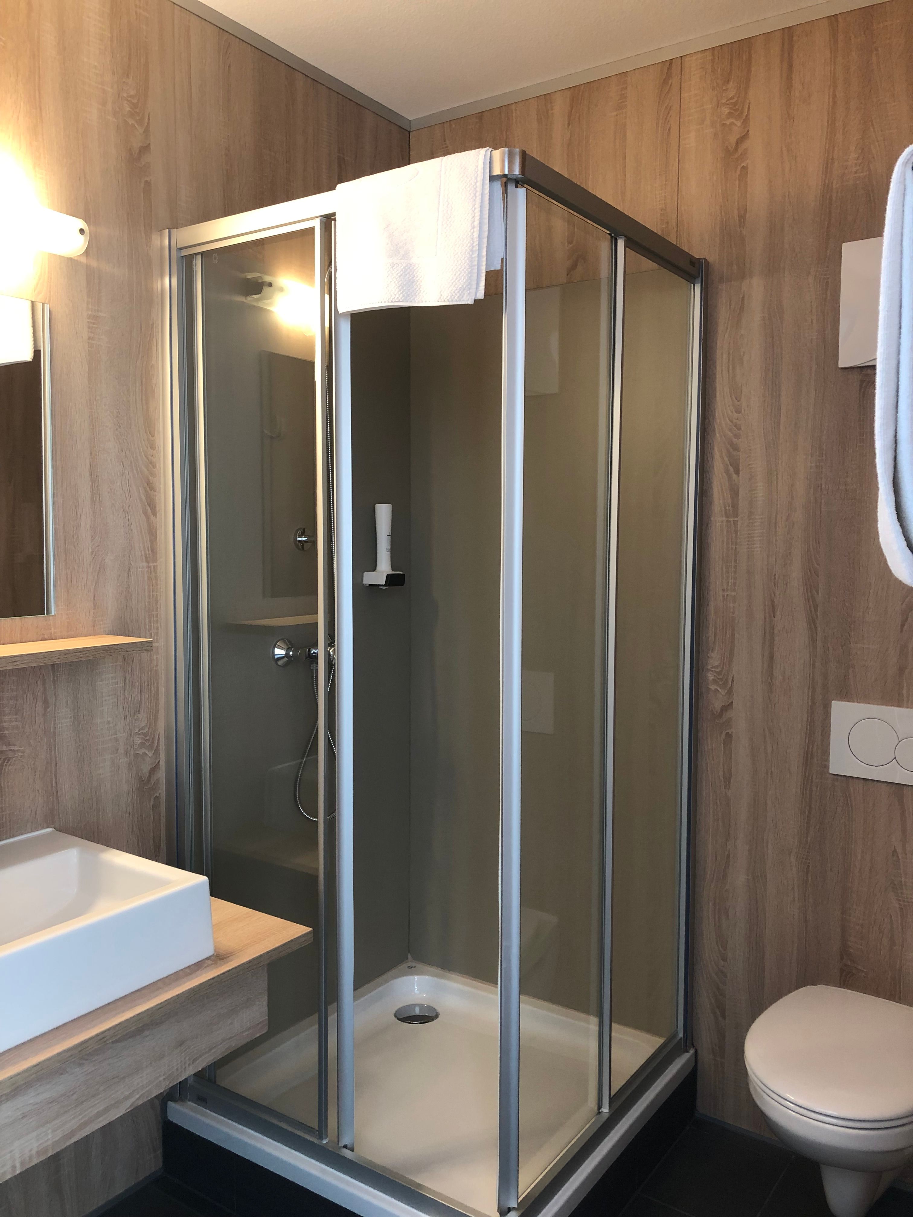 Modern bathroom with shower, washbasin and toilet.