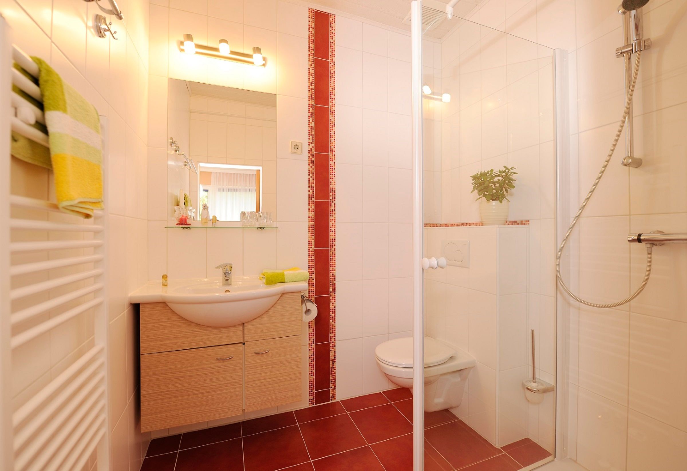 Modern bathroom with shower, washbasin and WC.