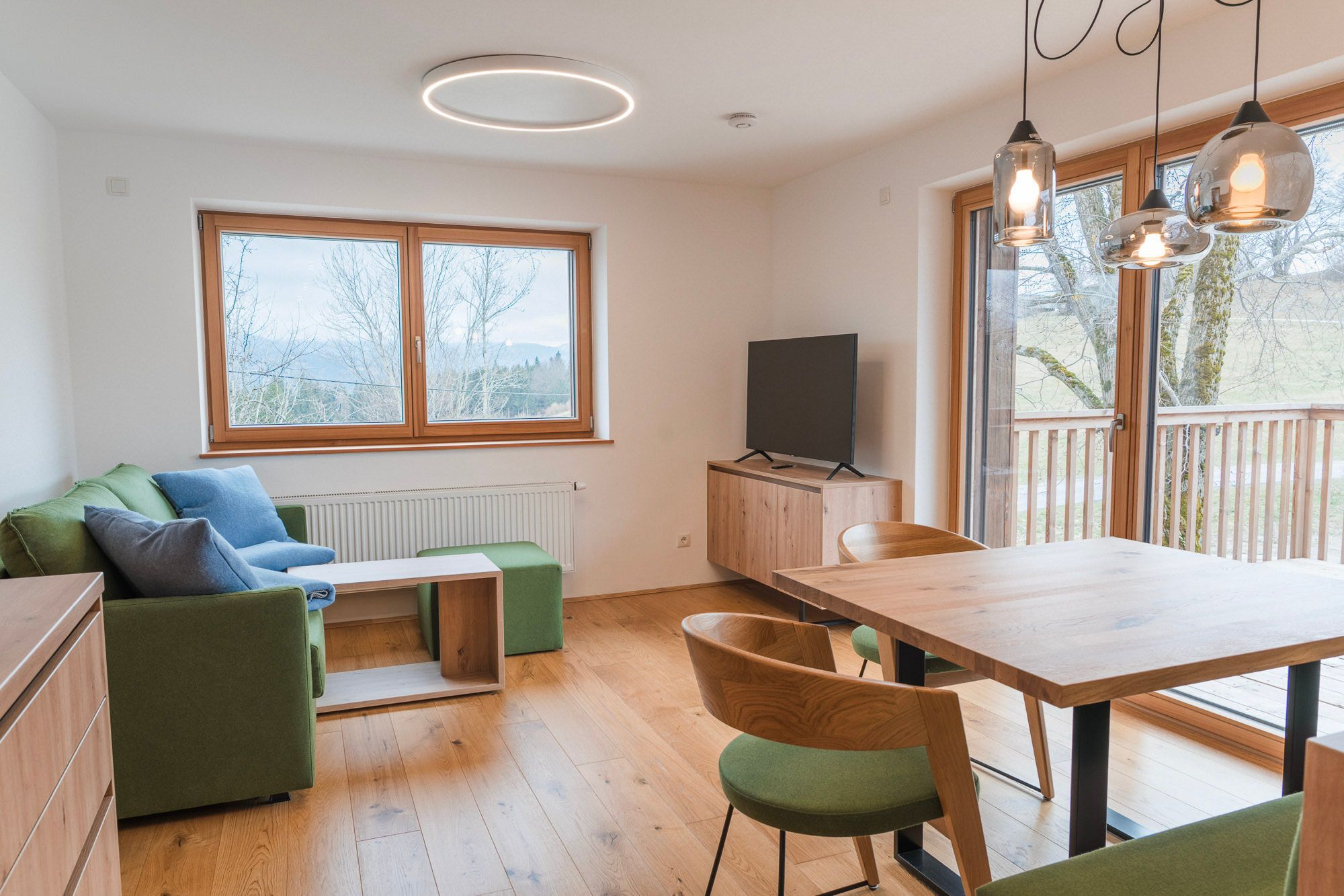 Modern furnished living room with wooden floor, green couch, dining table and large windows with view to the outside.